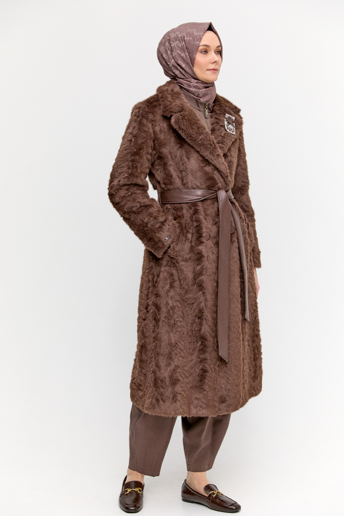 Kruvaze Suni Kürk Kaban, Tesettür Giyim