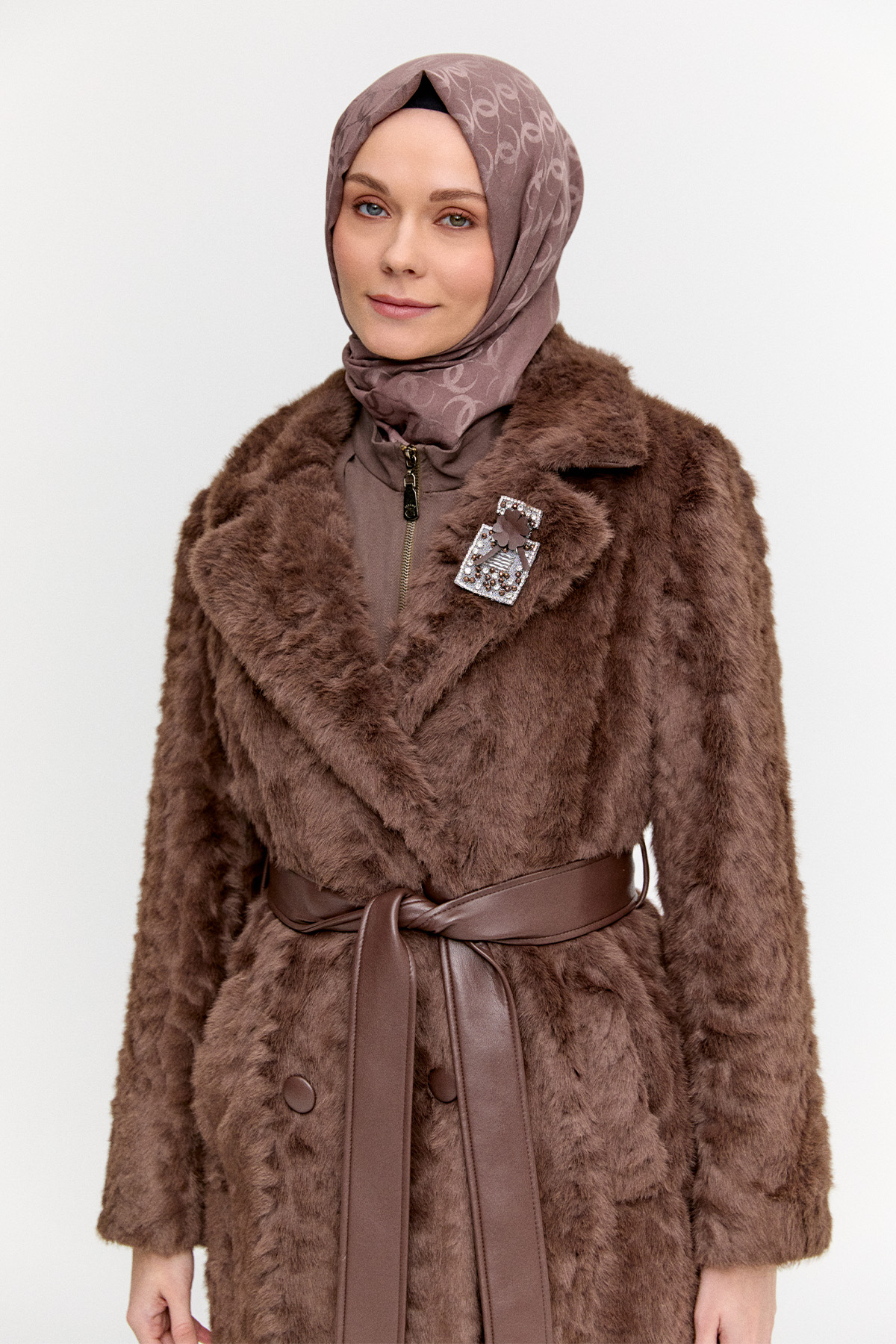 Kruvaze Suni Kürk Kaban, Tesettür Giyim