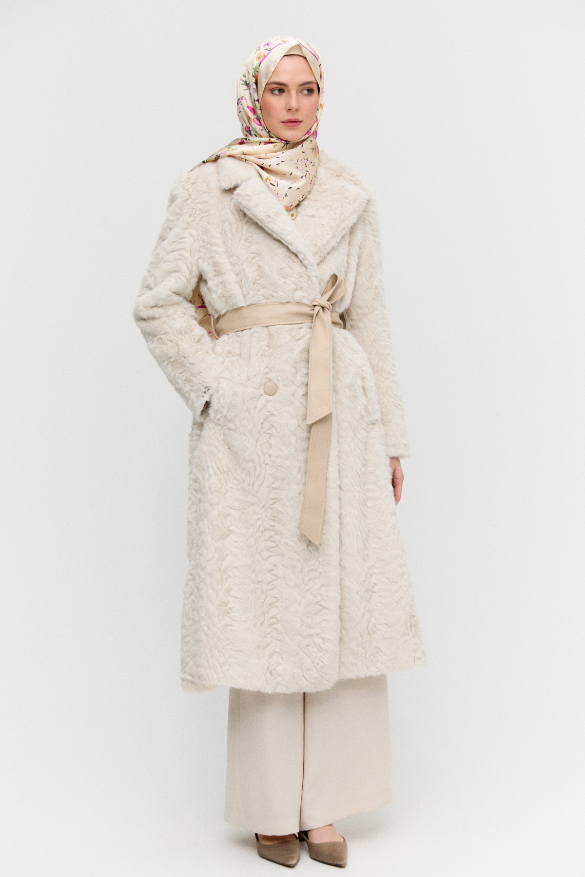 Kruvaze Suni Kürk Kaban, Tesettür Giyim