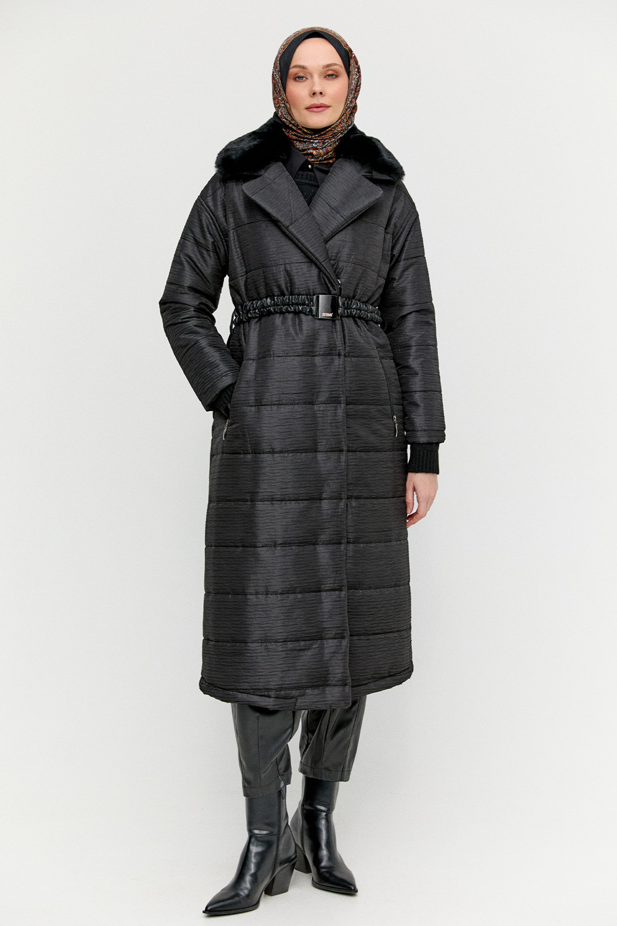 Suni Kürk Detaylı Kapitone Kaban, Tesettür Giyim