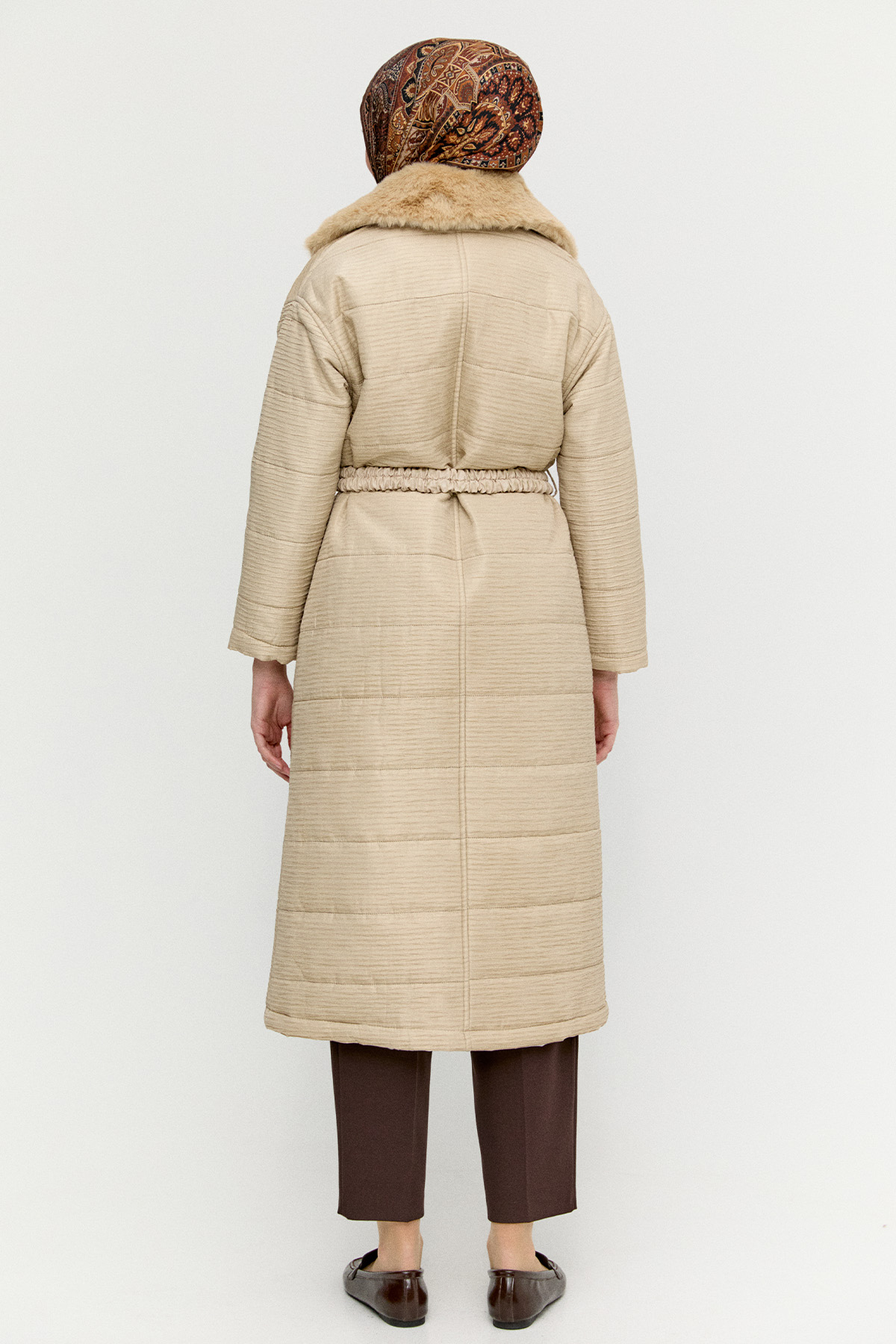 Suni Kürk Detaylı Kapitone Kaban, Tesettür Giyim