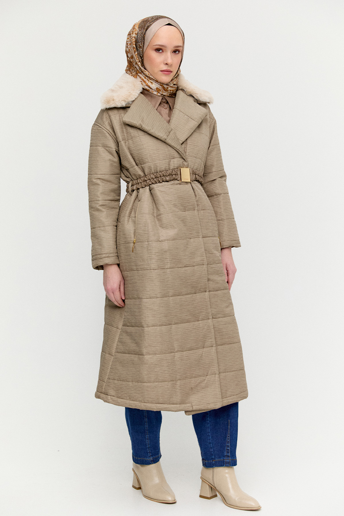 Suni Kürk Detaylı Kapitone Kaban, Tesettür Giyim