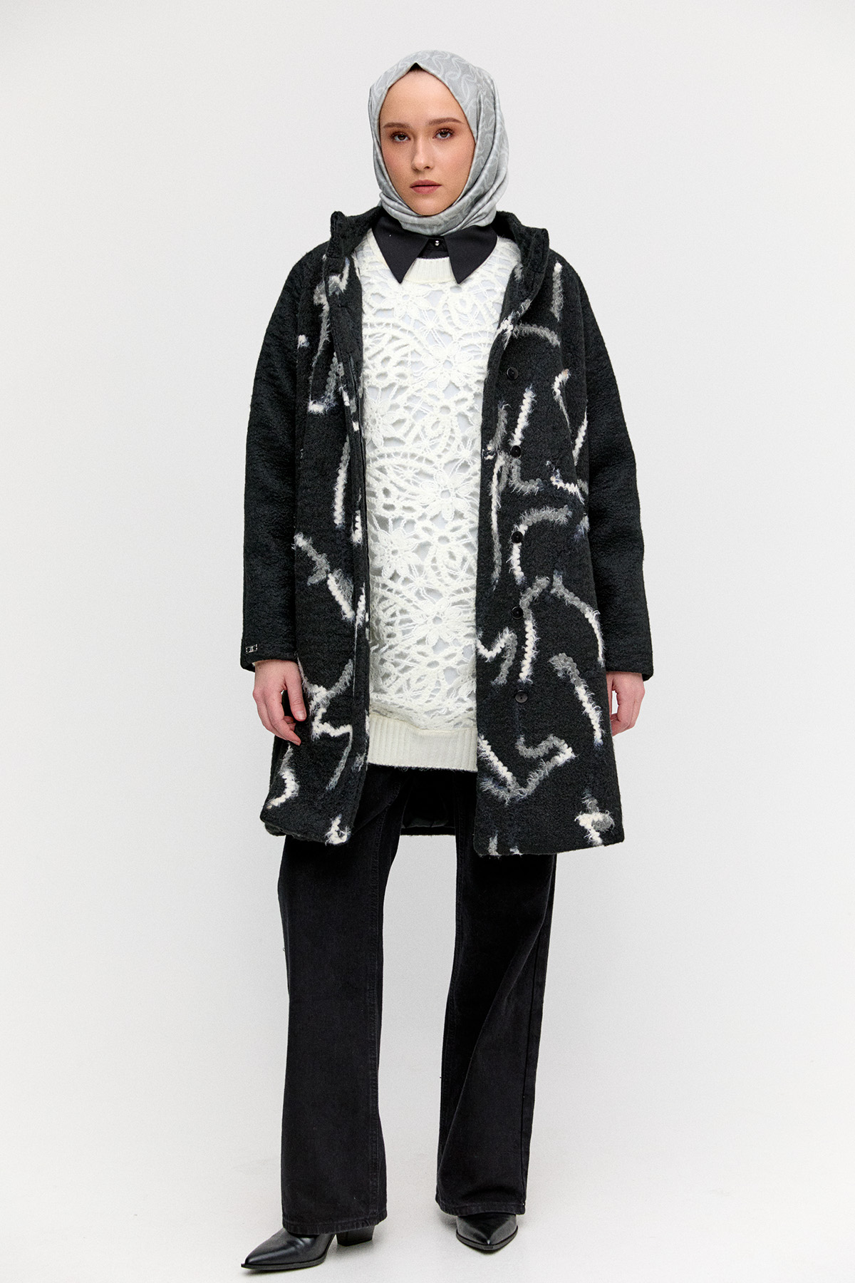 Gizli Pat İlik Düğmeli Dokulu Kaban, Tesettür Giyim