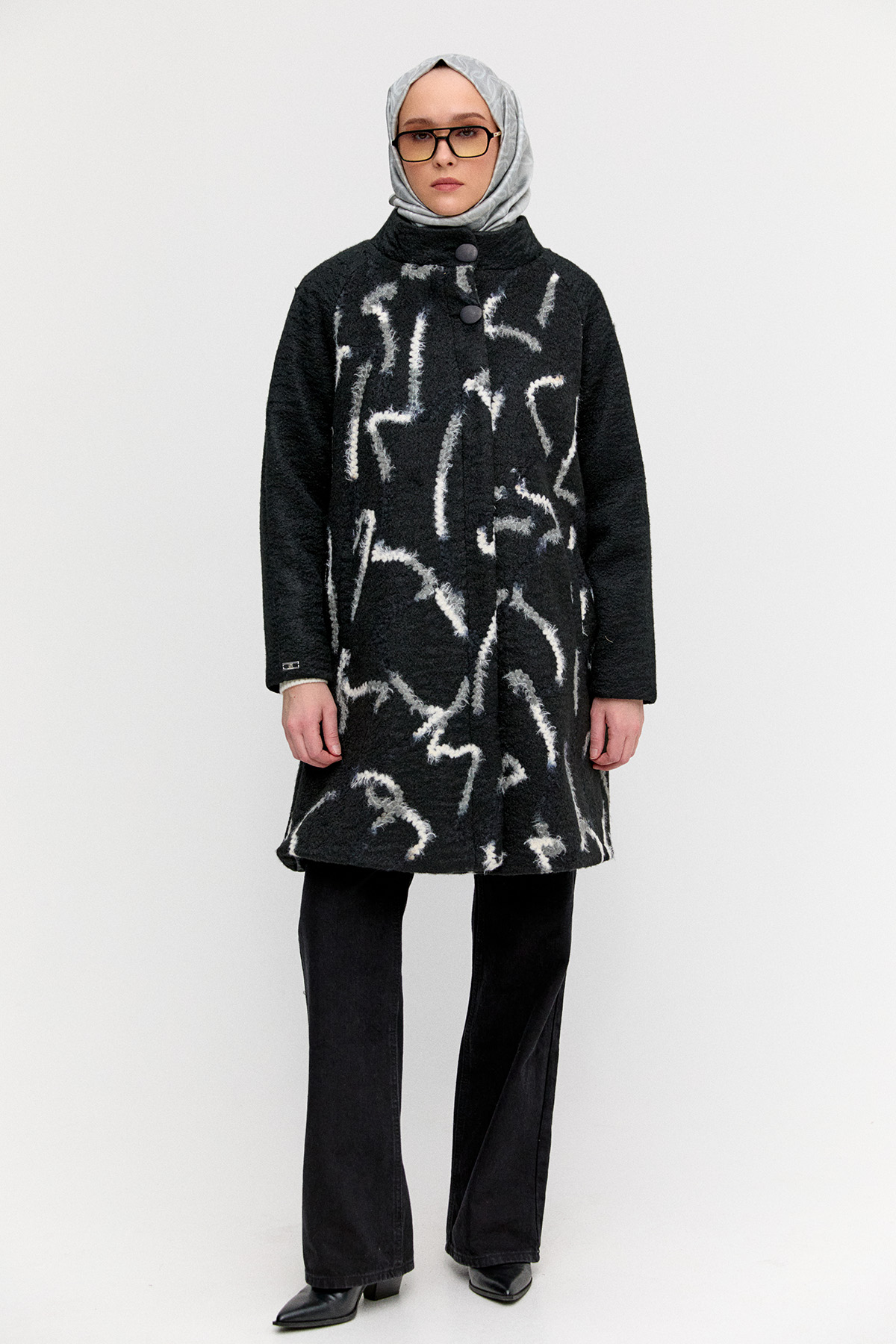 Gizli Pat İlik Düğmeli Dokulu Kaban, Tesettür Giyim