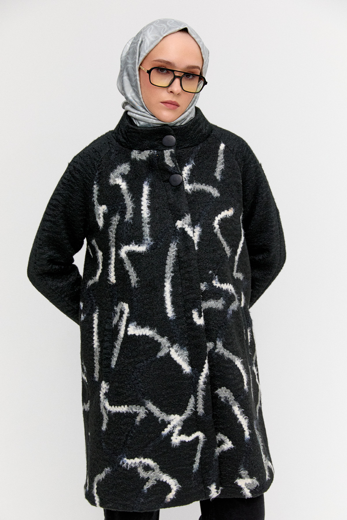 Gizli Pat İlik Düğmeli Dokulu Kaban, Tesettür Giyim