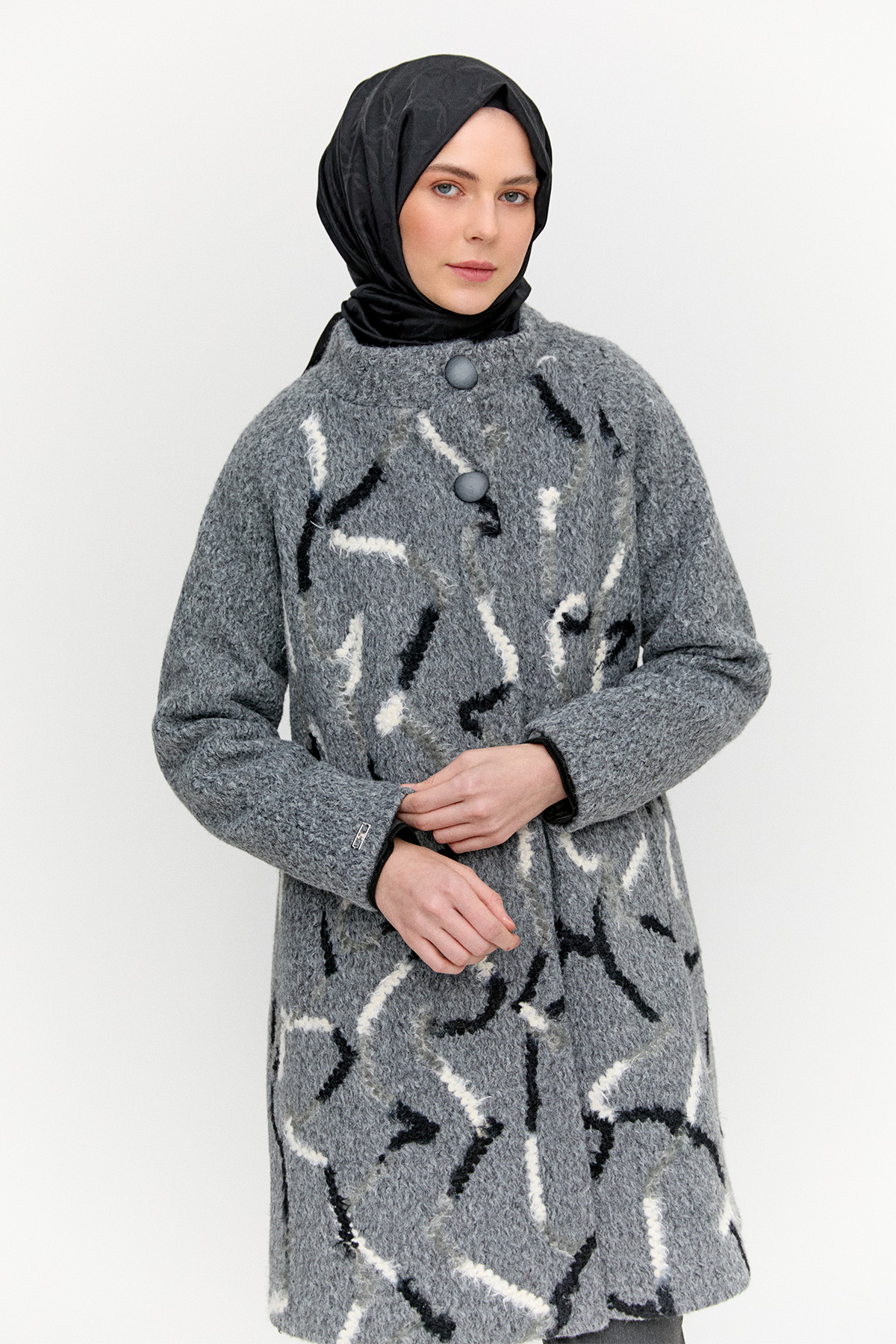 Gizli Pat İlik Düğmeli Dokulu Kaban, Tesettür Giyim