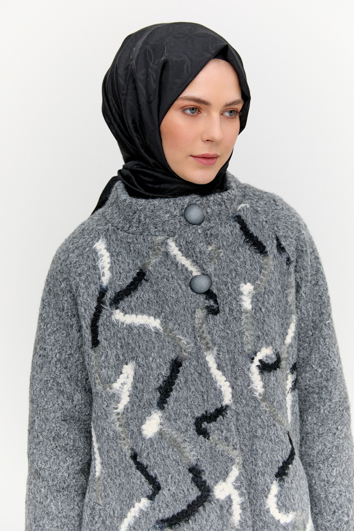 Gizli Pat İlik Düğmeli Dokulu Kaban, Tesettür Giyim