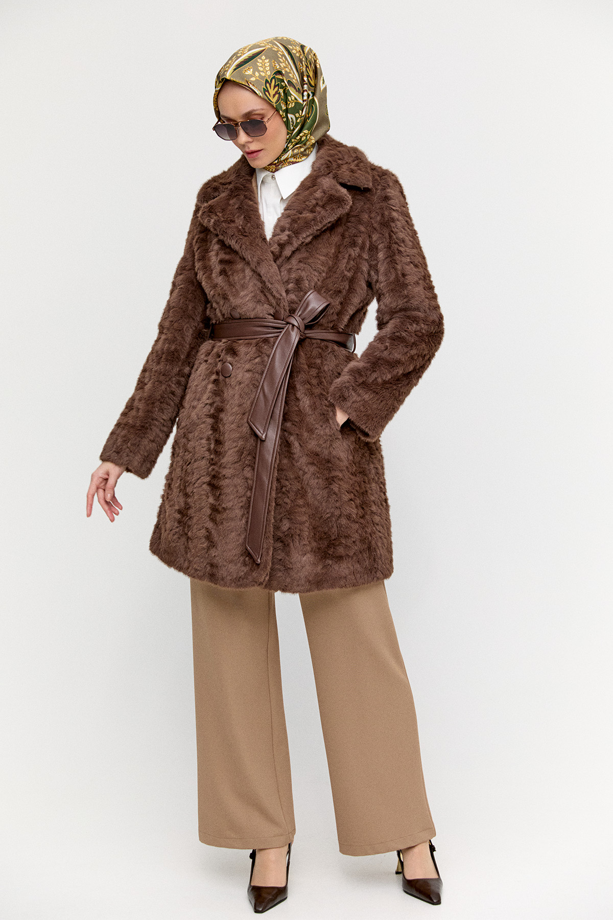 Kruvaze Kuşaklı Kürk Kaban, Tesettür Giyim