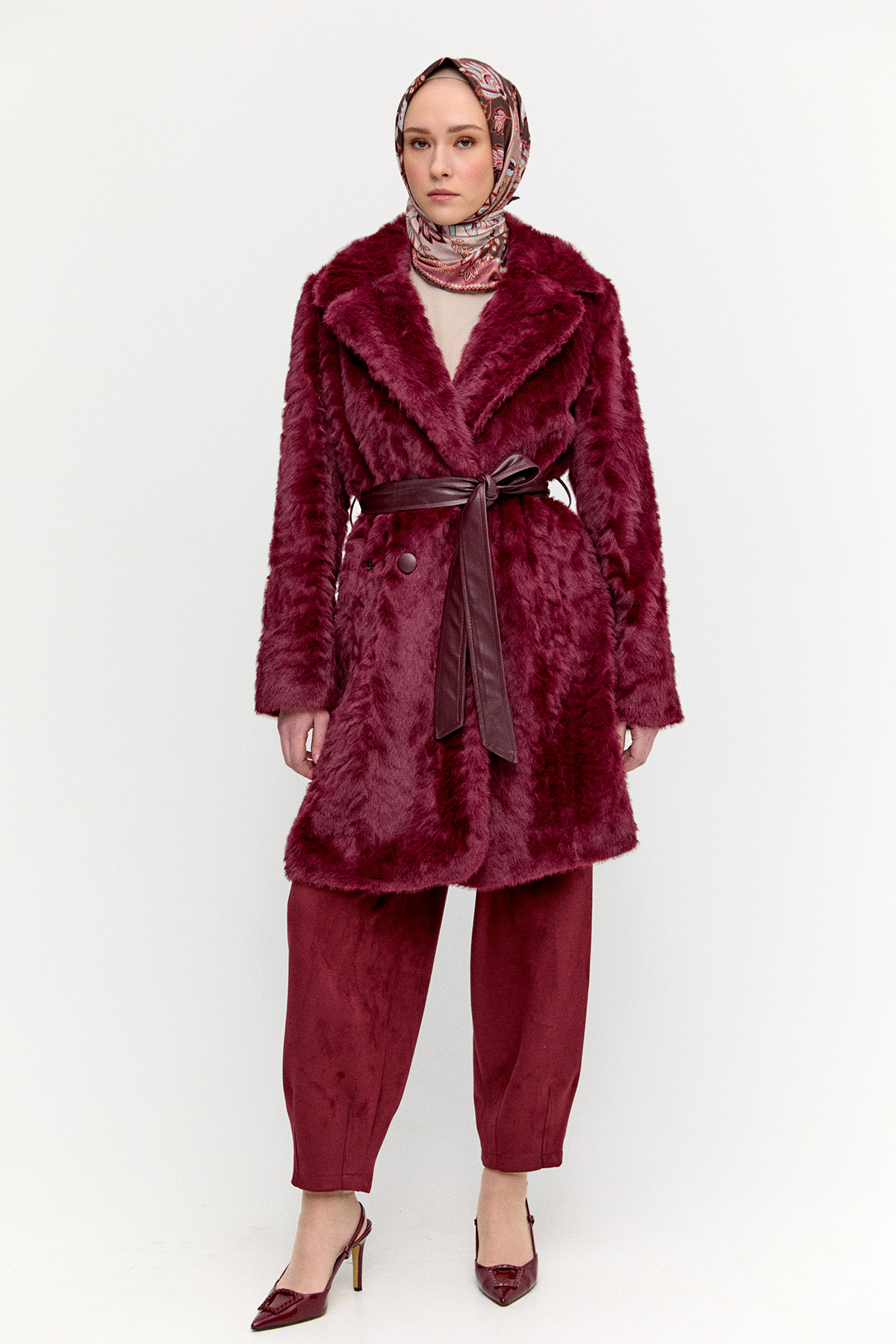 Kruvaze Kuşaklı Kürk Kaban, Tesettür Giyim