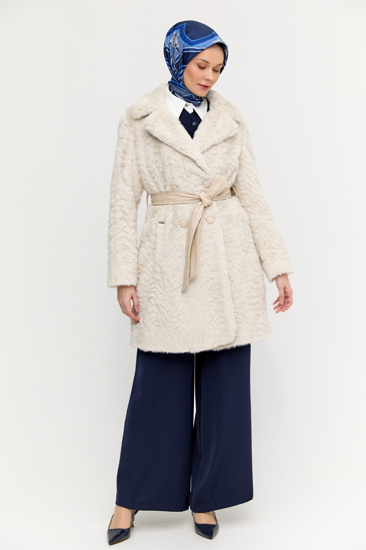 Kruvaze Kuşaklı Kürk Kaban, Tesettür Giyim