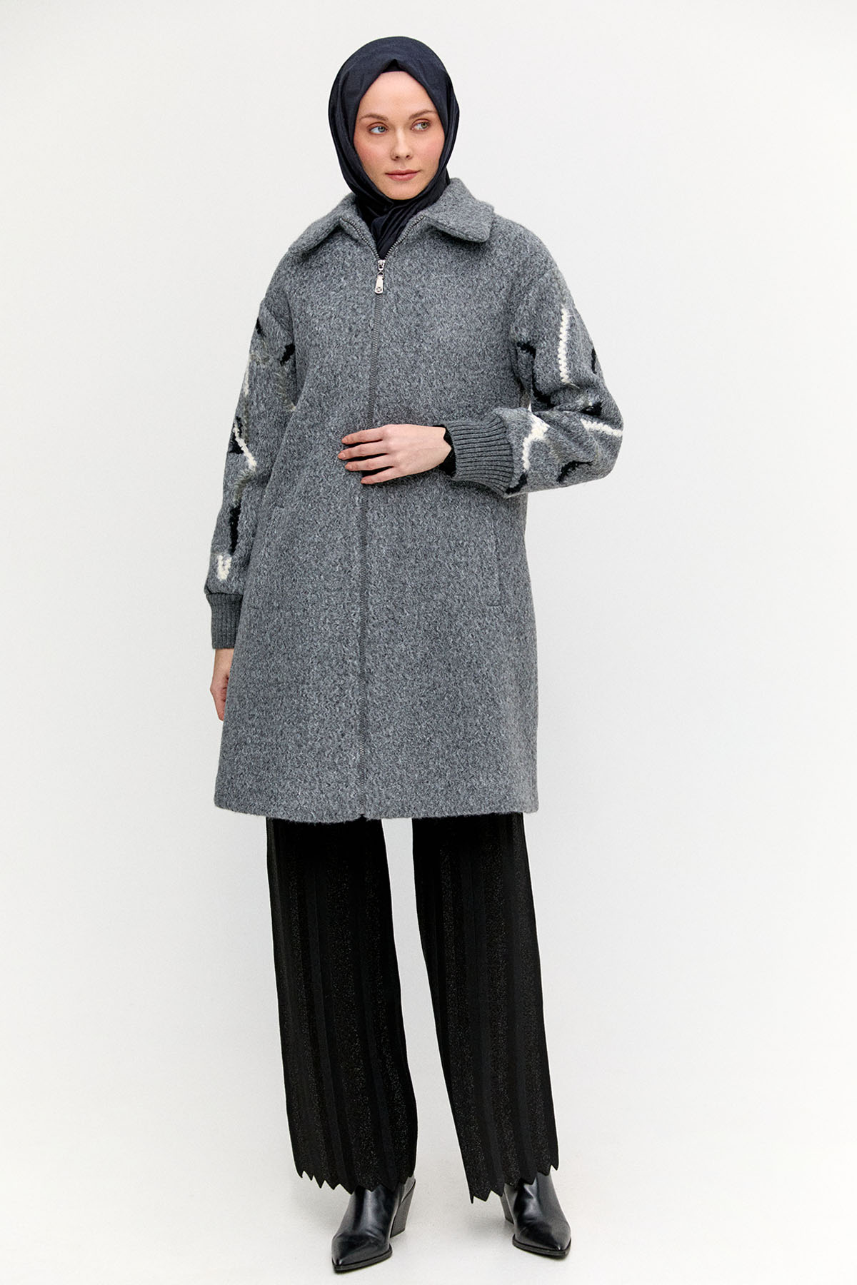 Ribanalı Fermuarlı Kaban, Tesettür Giyim