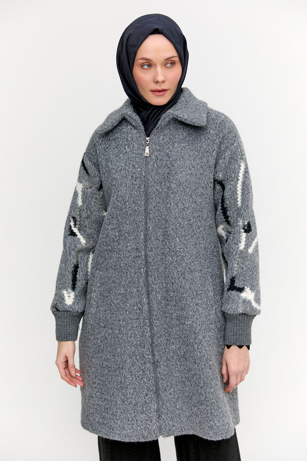 Ribanalı Fermuarlı Kaban, Tesettür Giyim