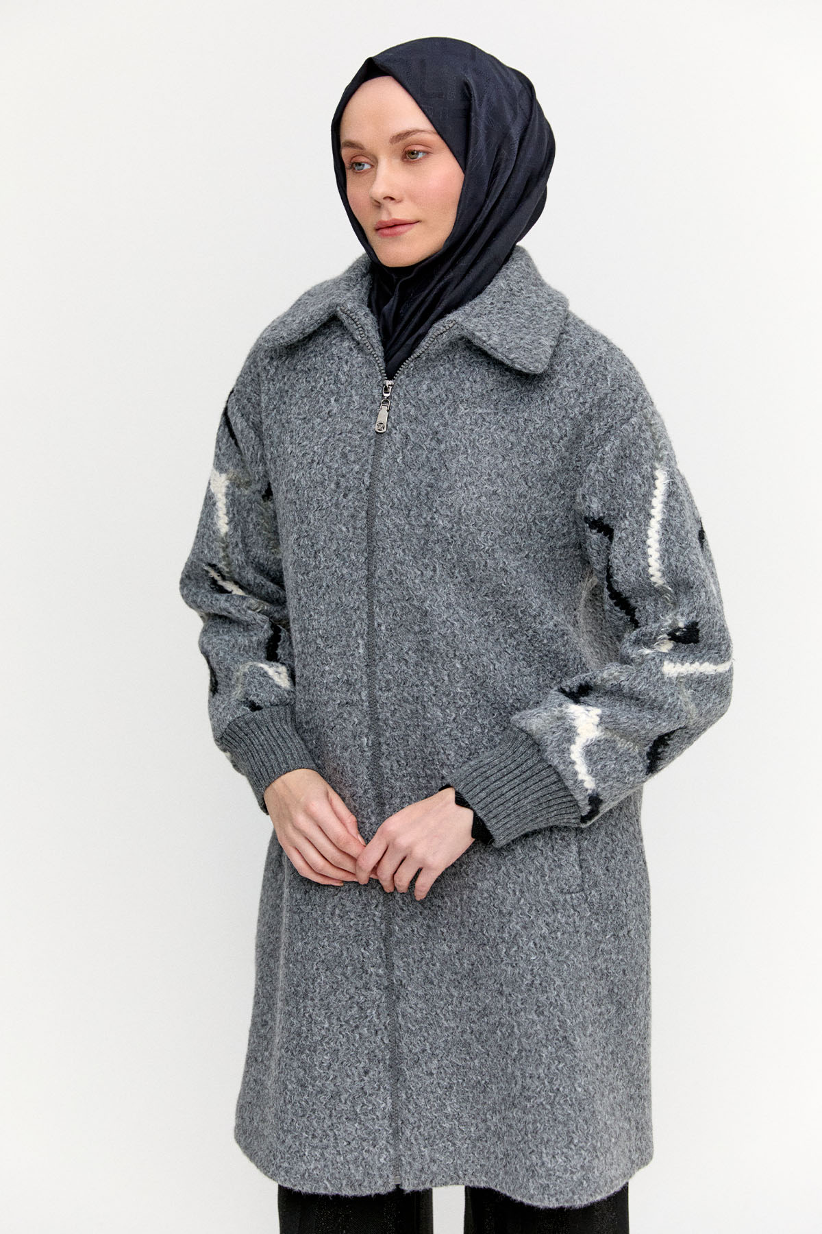 Ribanalı Fermuarlı Kaban, Tesettür Giyim