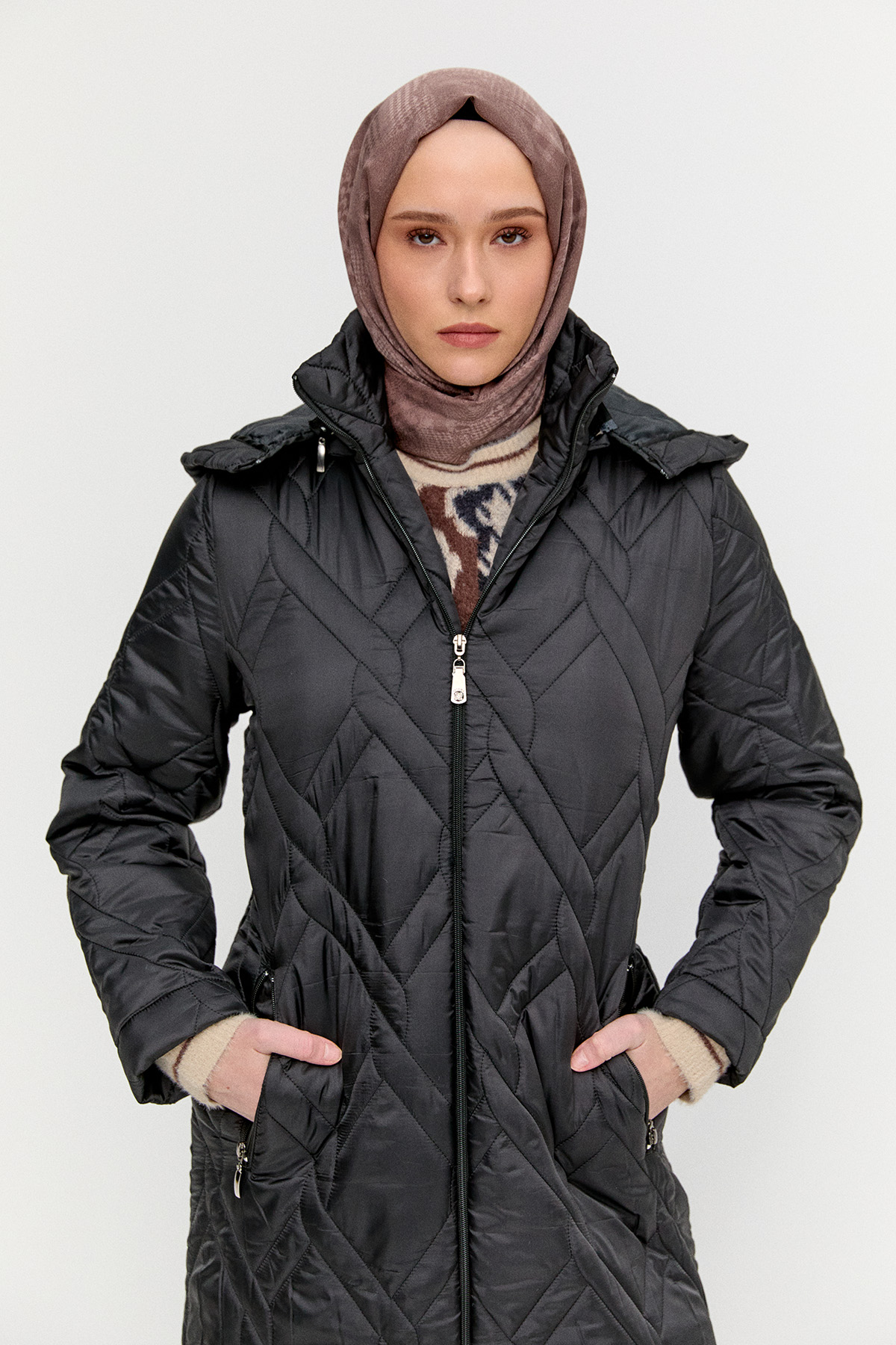 Çıt Detaylı Kapitone Kaban, Tesettür Giyim