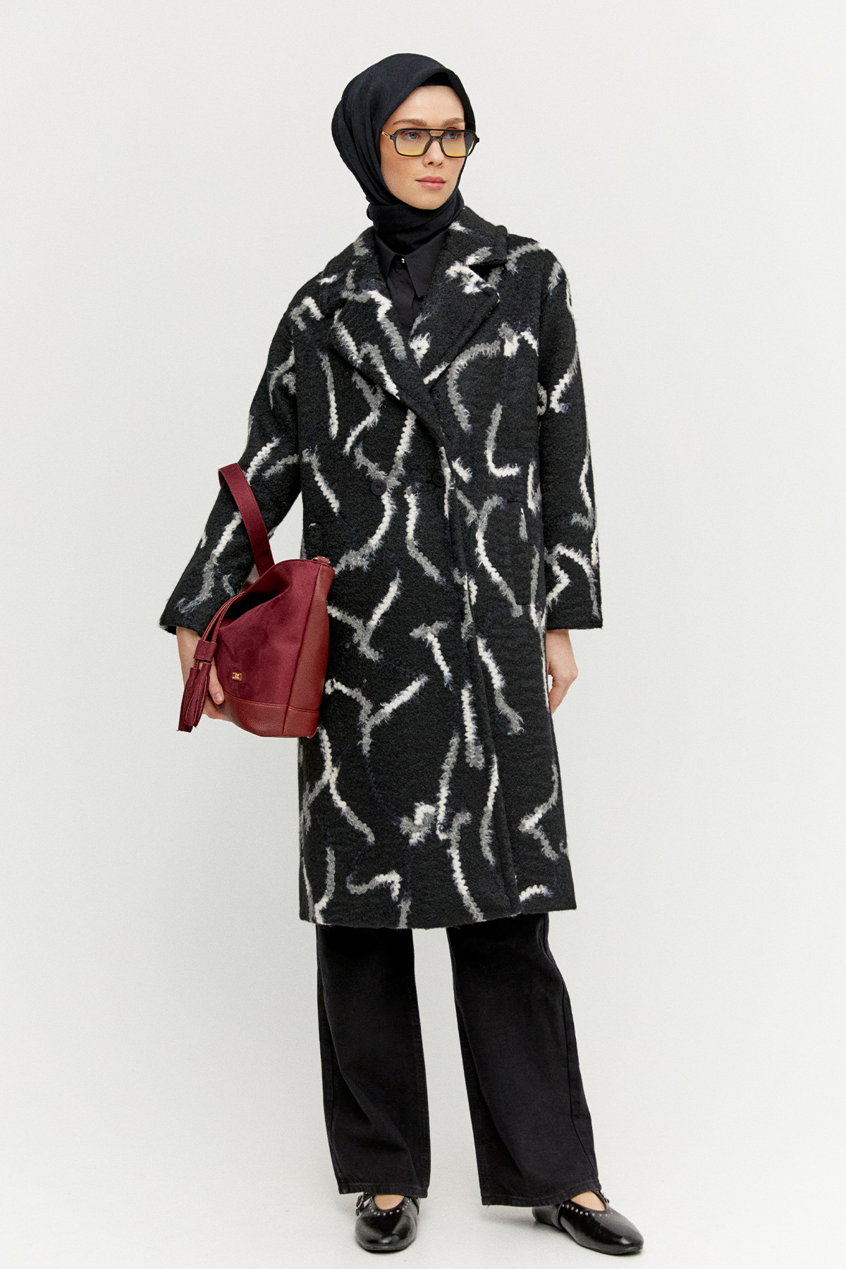 Desenli Oversize Kruvaze Kaban, Tesettür Giyim