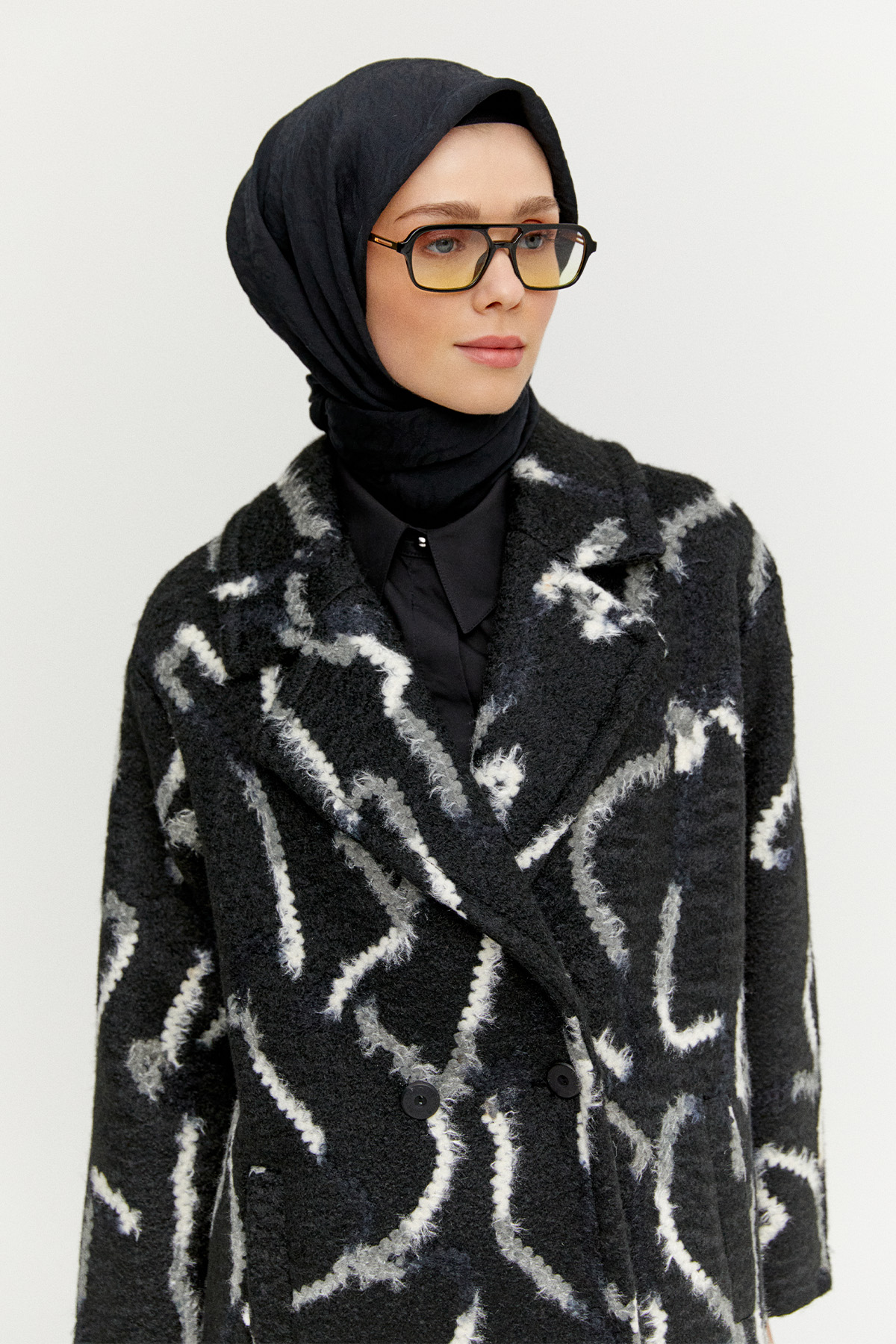 Desenli Oversize Kruvaze Kaban, Tesettür Giyim