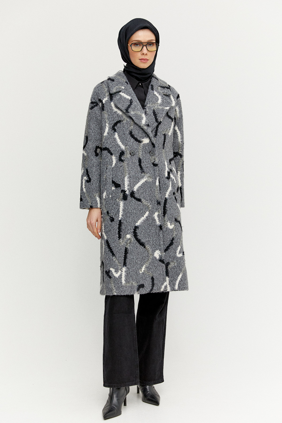 Desenli Oversize Kruvaze Kaban, Tesettür Giyim