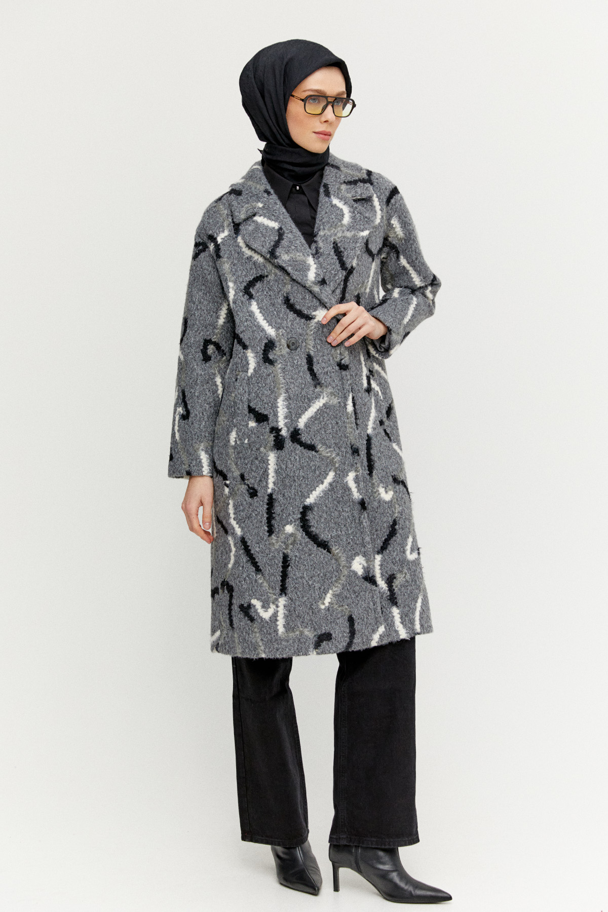 Desenli Oversize Kruvaze Kaban, Tesettür Giyim