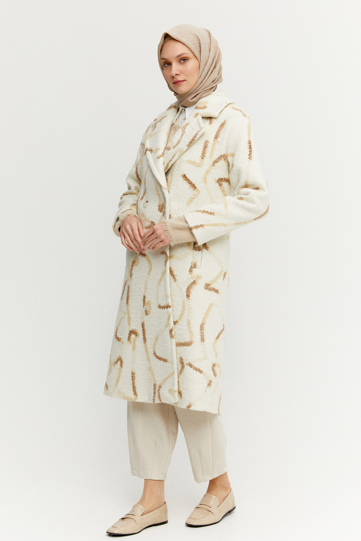 Desenli Oversize Kruvaze Kaban, Tesettür Giyim