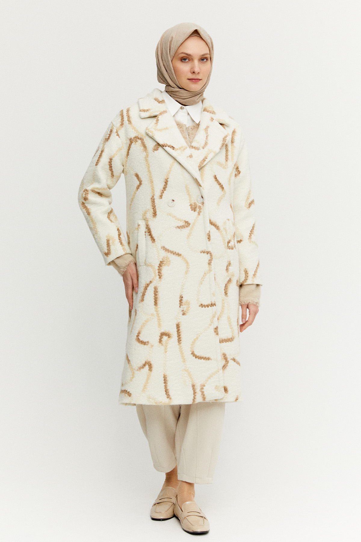 Desenli Oversize Kruvaze Kaban, Tesettür Giyim