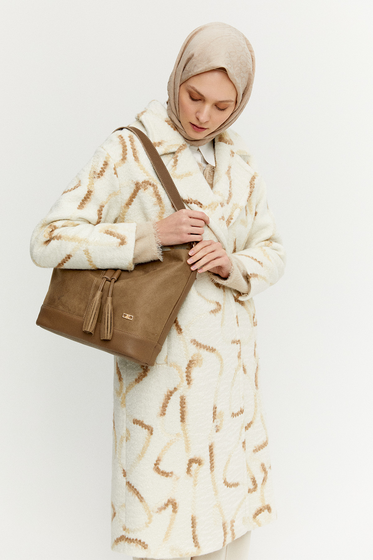 Desenli Oversize Kruvaze Kaban, Tesettür Giyim