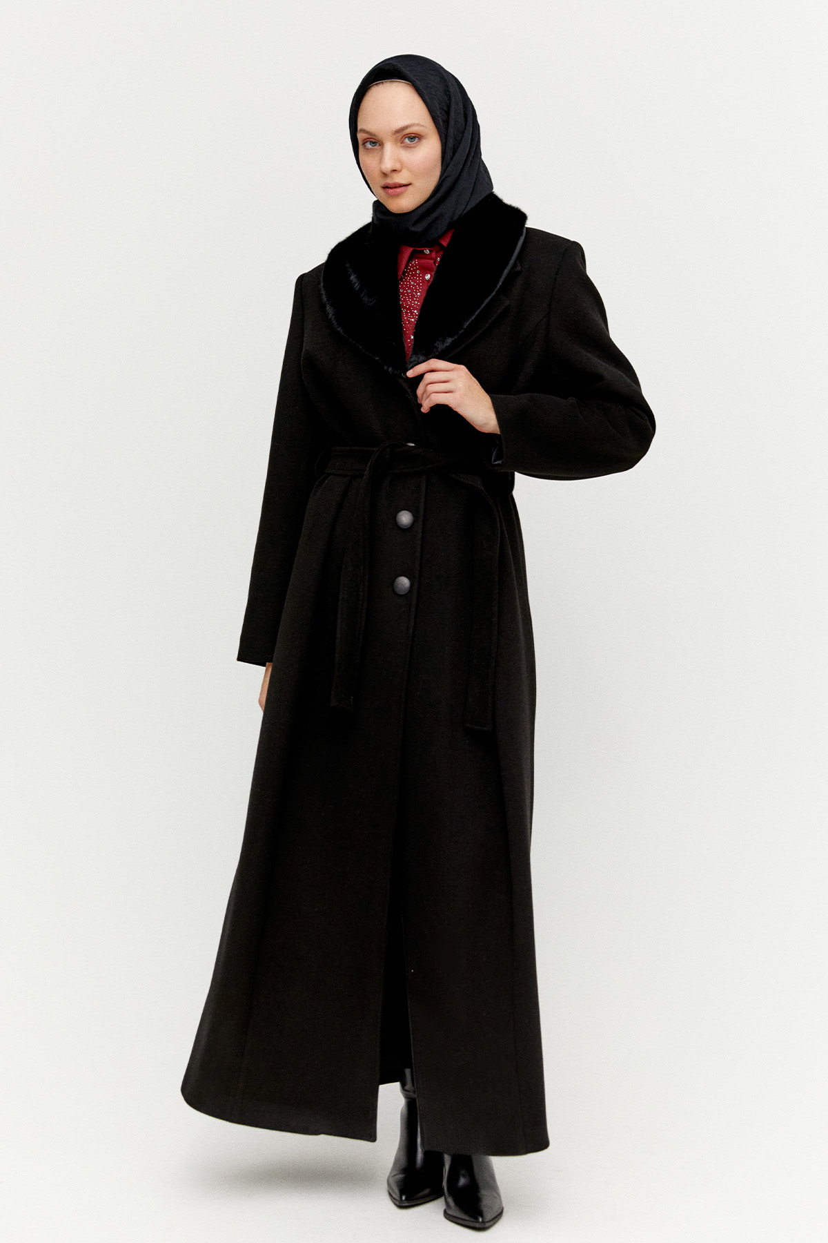 Kuşaklı Suni Kürk Yakalı Büyük Beden Manto