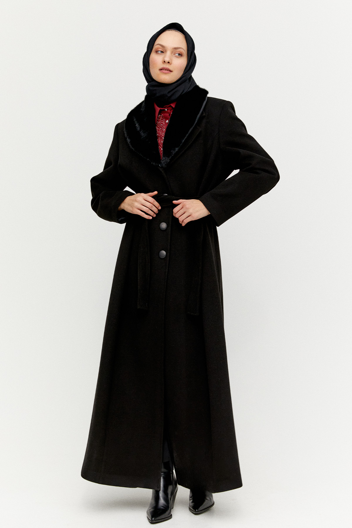 Kuşaklı Suni Kürk Yakalı Büyük Beden Manto