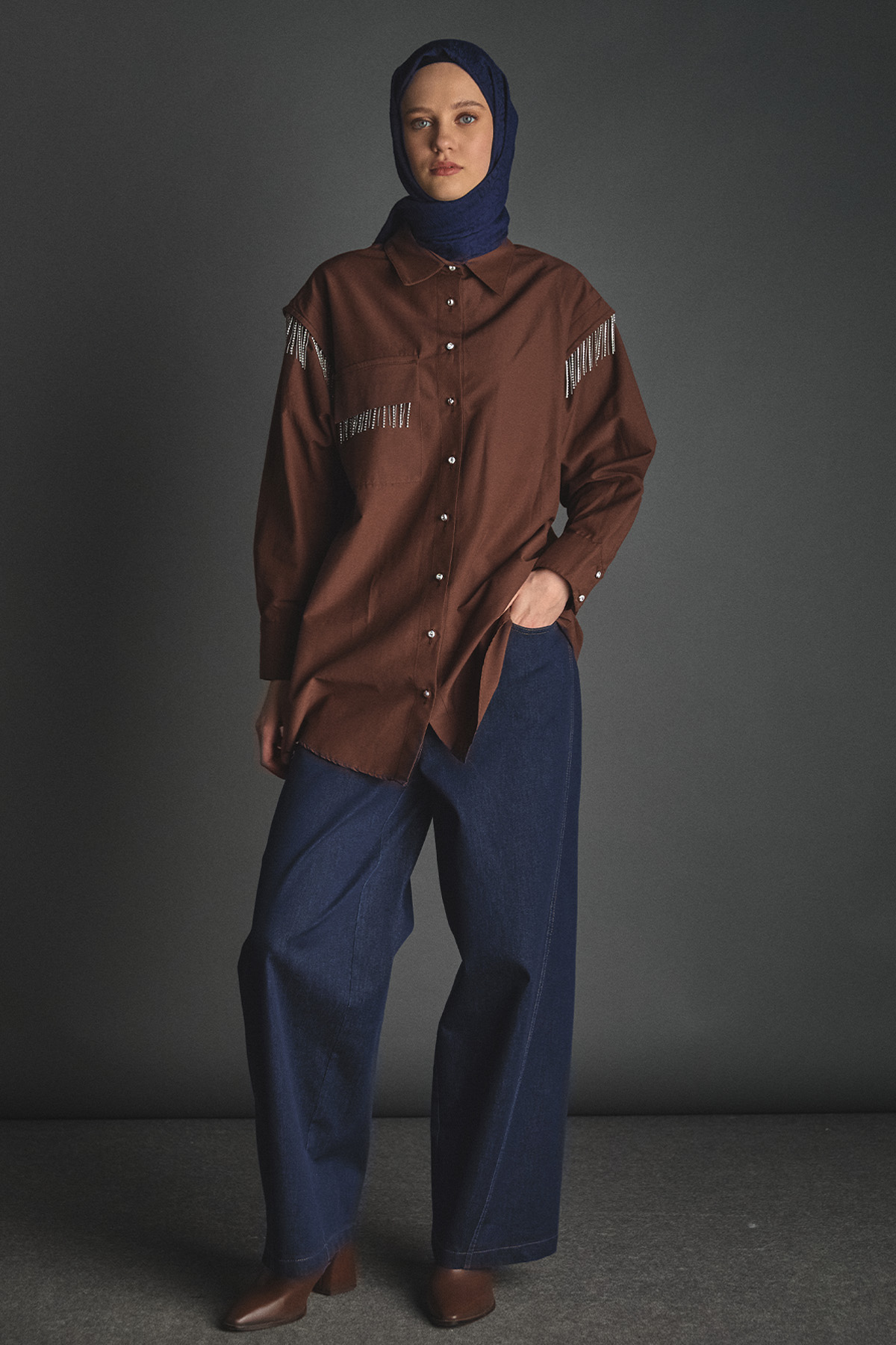 Yüksek Bel Bol Paça Denim Pantolon