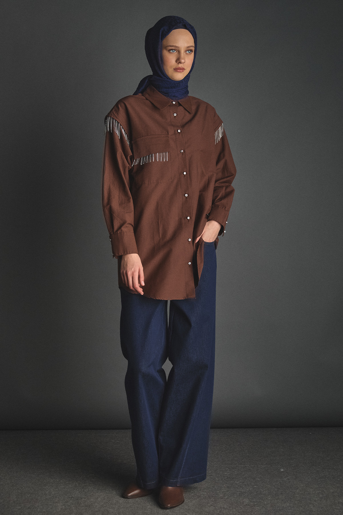 Yüksek Bel Bol Paça Denim Pantolon