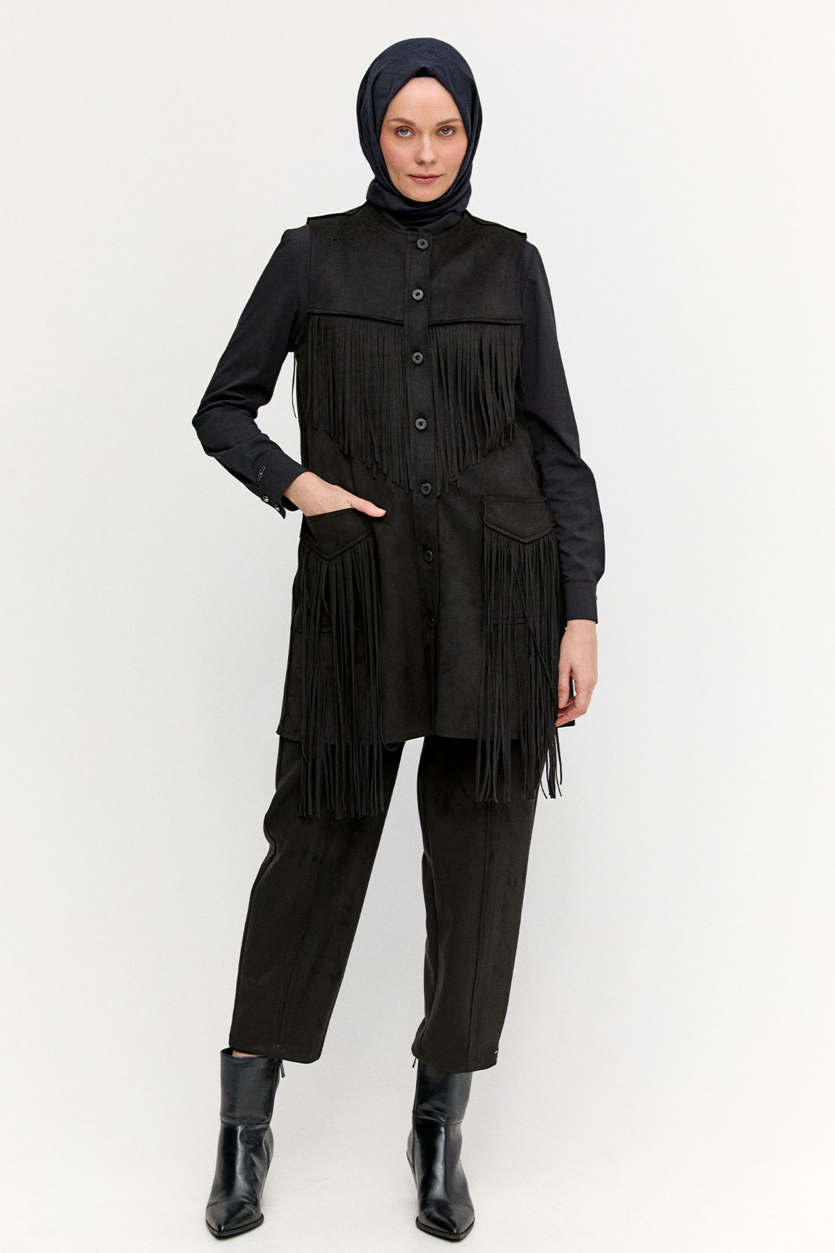 Nervürlü Şalvar Kesim Süet Pantolon, Tesettür Giyim