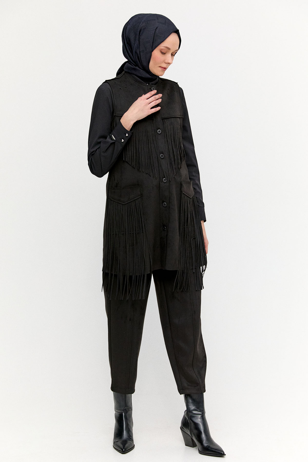 Nervürlü Şalvar Kesim Süet Pantolon, Tesettür Giyim