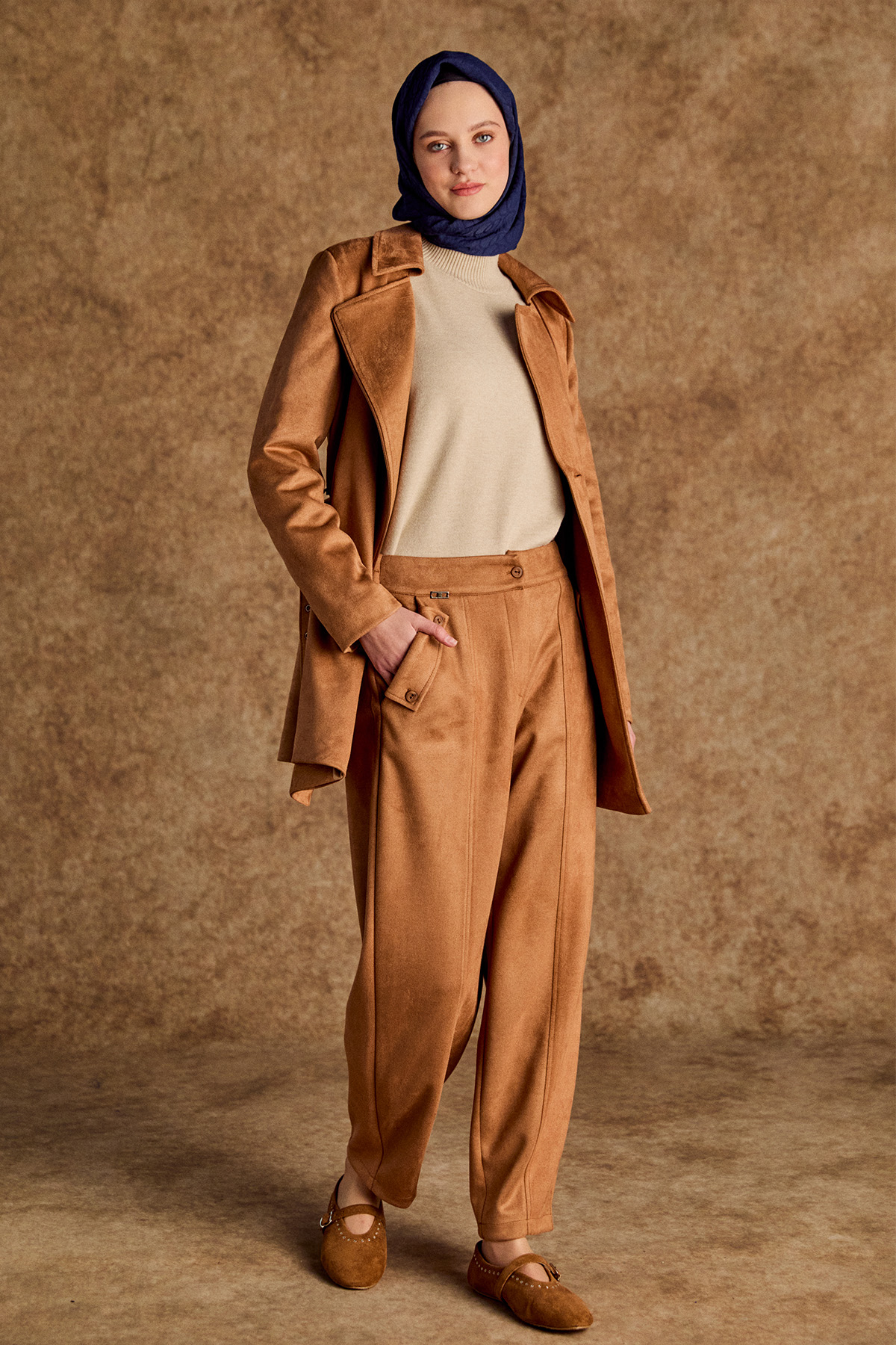 Nervürlü Şalvar Kesim Süet Pantolon