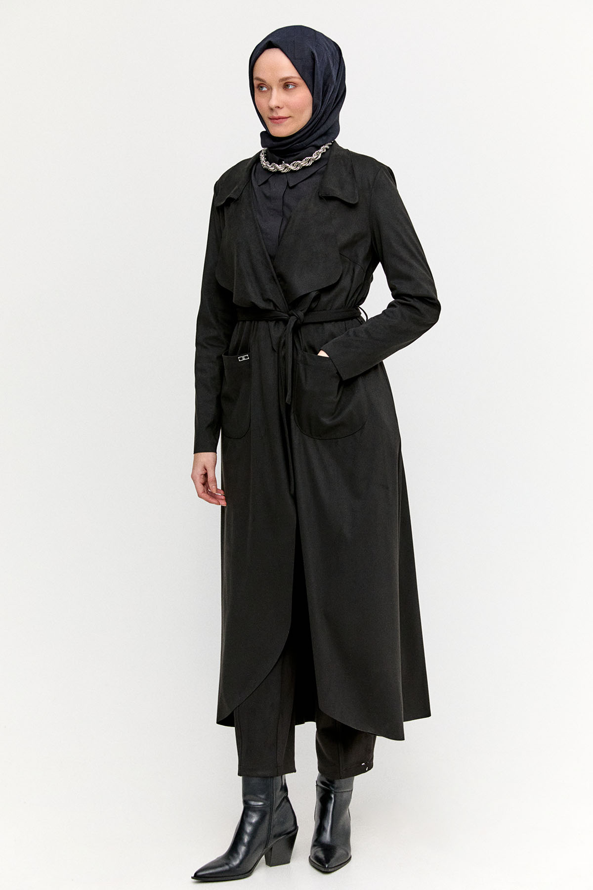 Süet Dokulu Pardesü, Tesettür Giyim