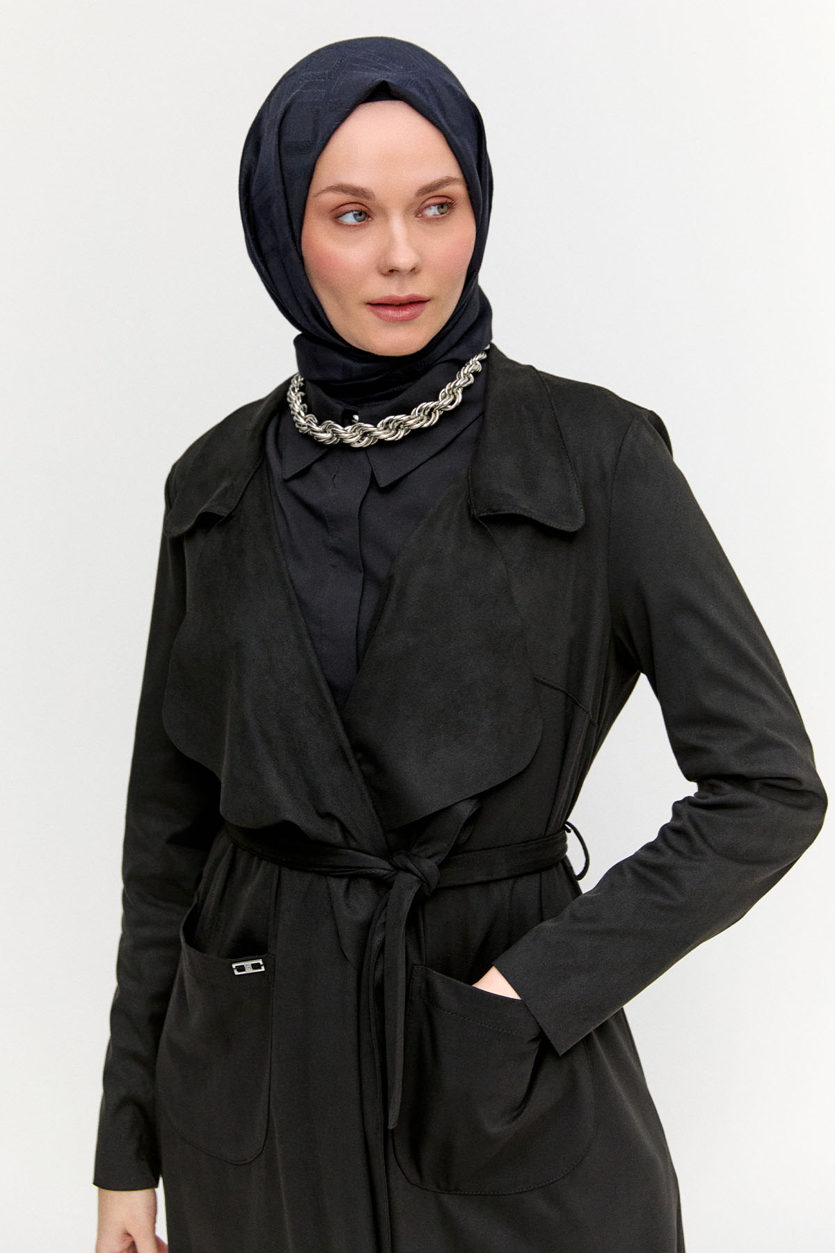 Süet Dokulu Pardesü, Tesettür Giyim