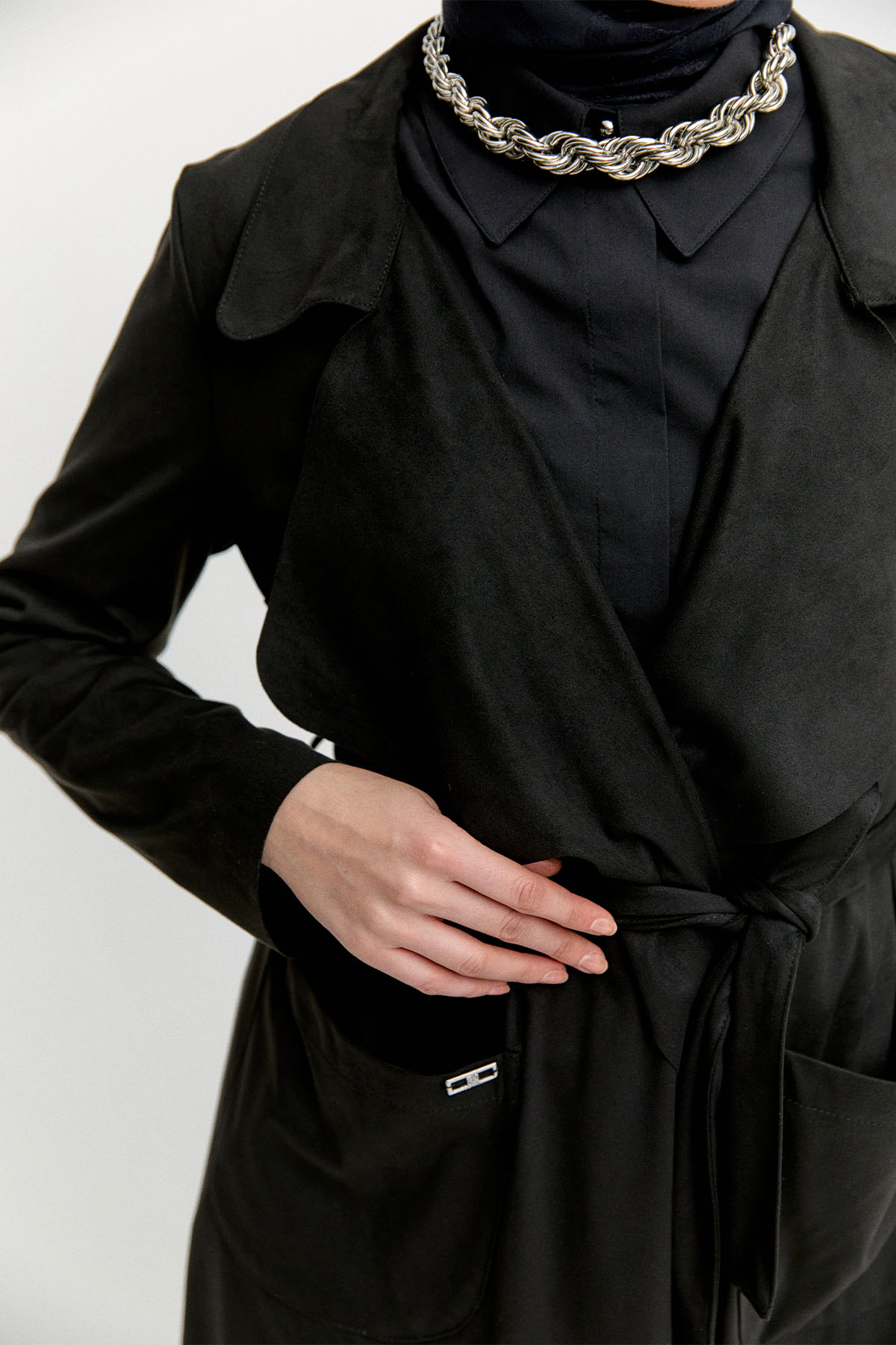 Süet Dokulu Pardesü, Tesettür Giyim