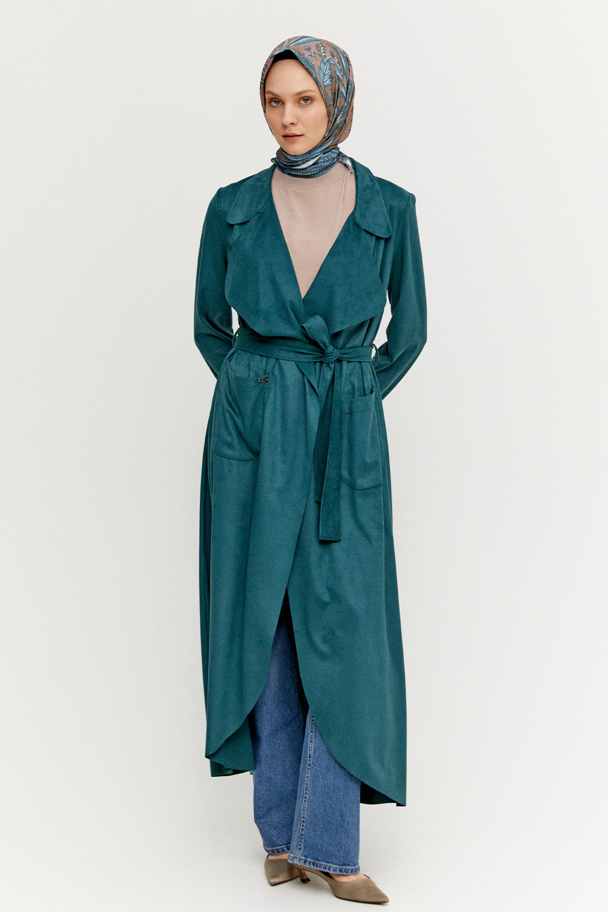 Süet Dokulu Pardesü, Tesettür Giyim