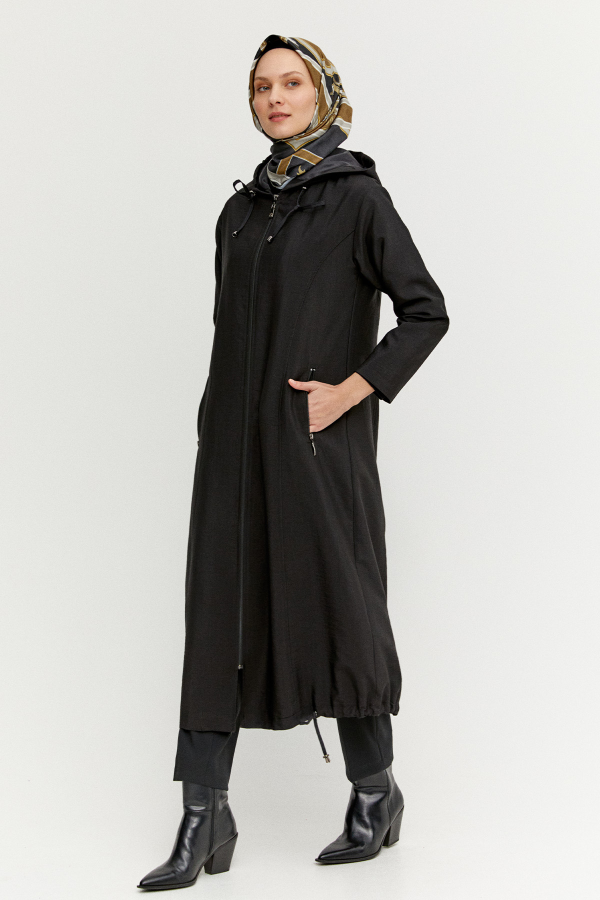 Kapüşonlu Fermuarlı Bağcıklı Pardesü