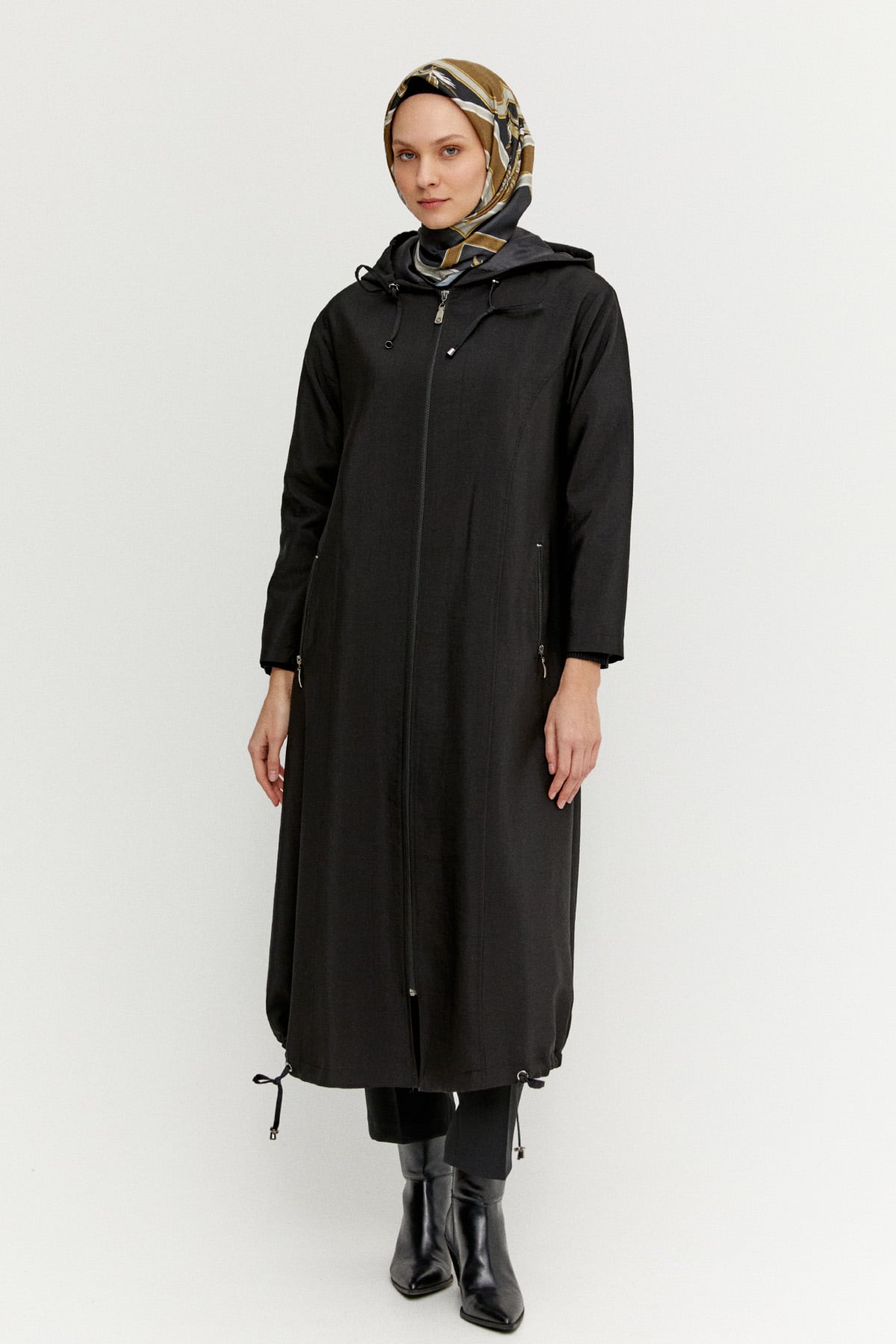 Kapüşonlu Fermuarlı Bağcıklı Pardesü