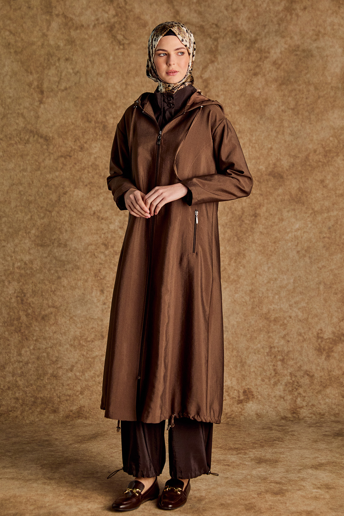 Kapüşonlu Fermuarlı Bağcıklı Pardesü