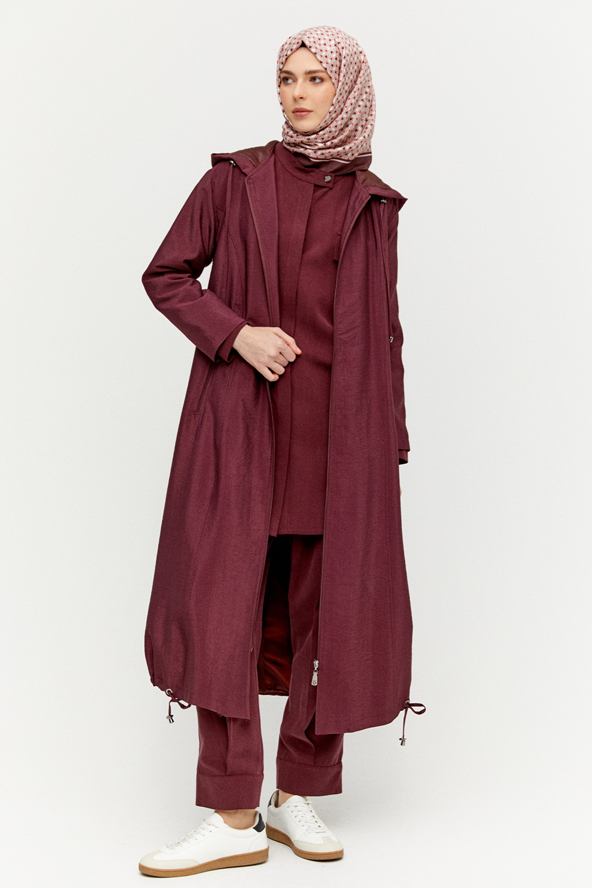 Kapüşonlu Fermuarlı Bağcıklı Pardesü