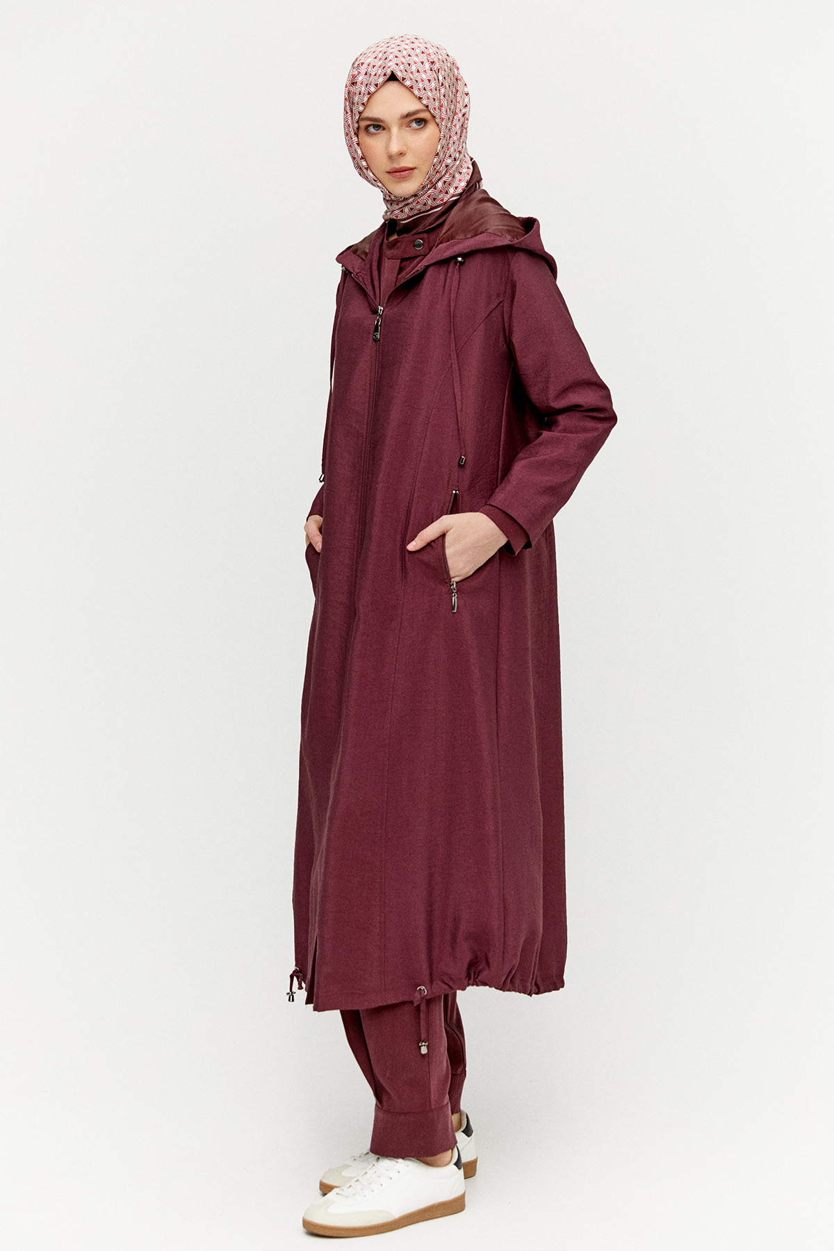 Kapüşonlu Fermuarlı Bağcıklı Pardesü