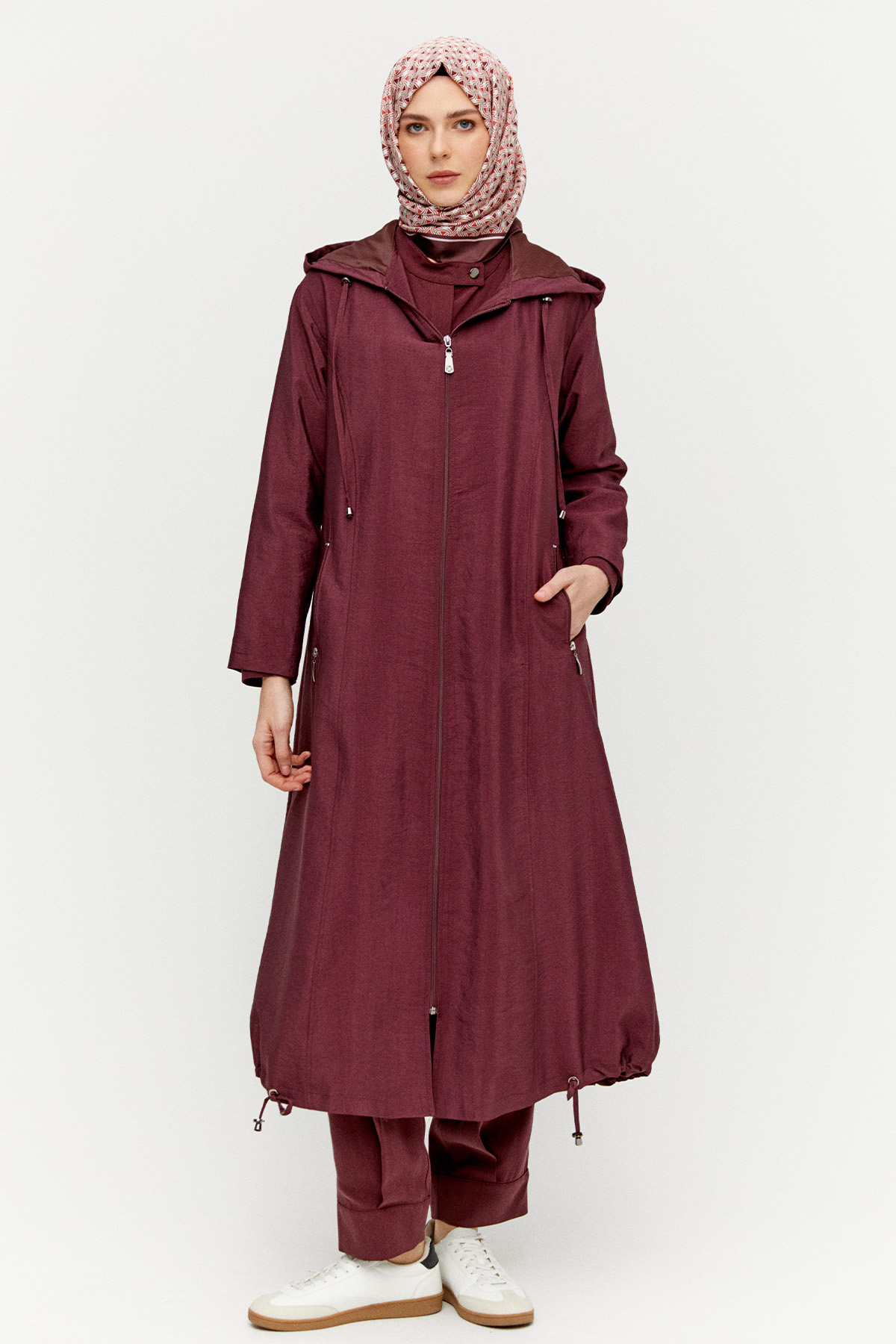 Kapüşonlu Fermuarlı Bağcıklı Pardesü