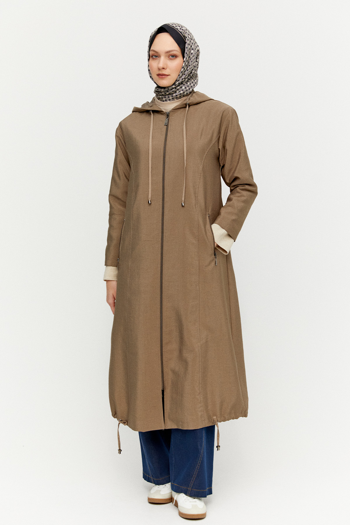 Kapüşonlu Fermuarlı Bağcıklı Pardesü