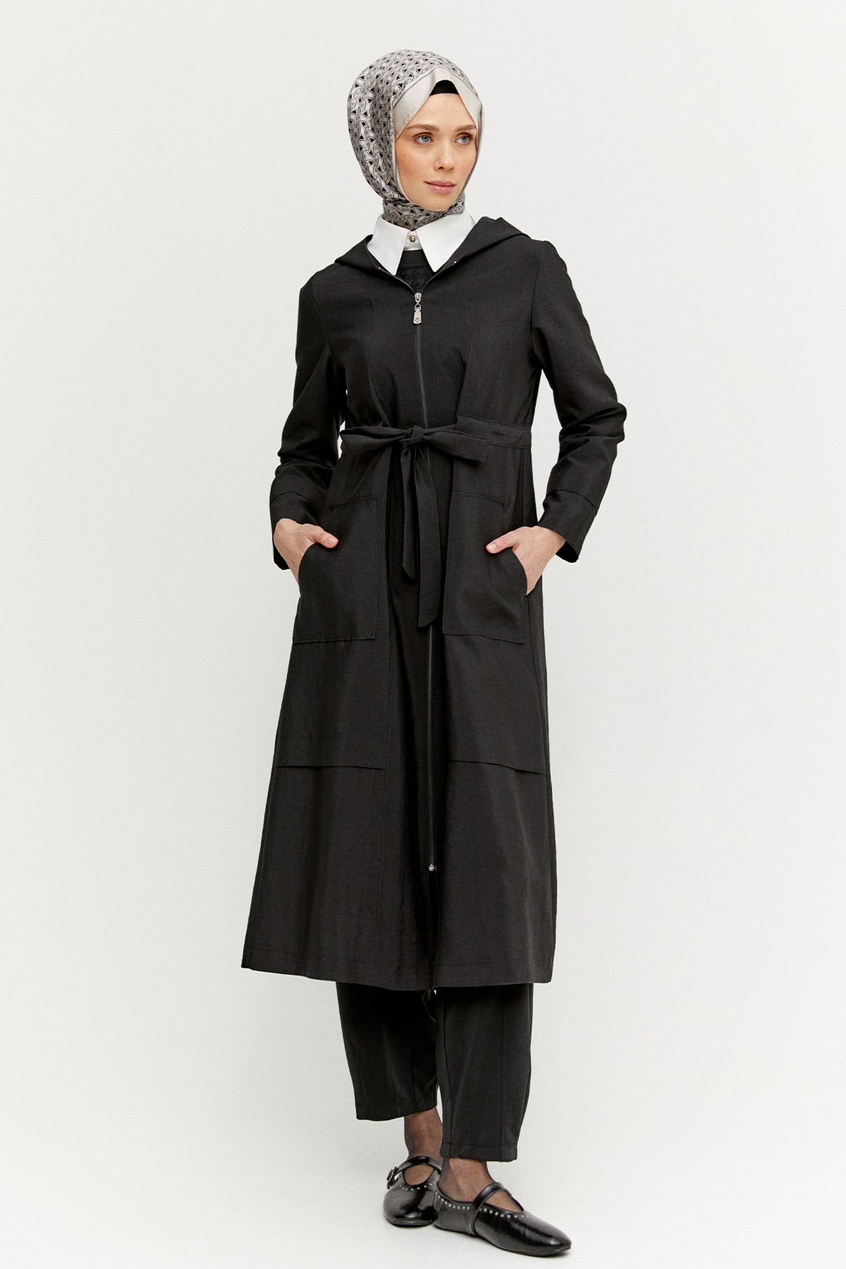 Kapüşonlu Kuşaklı Cepli Pardösü