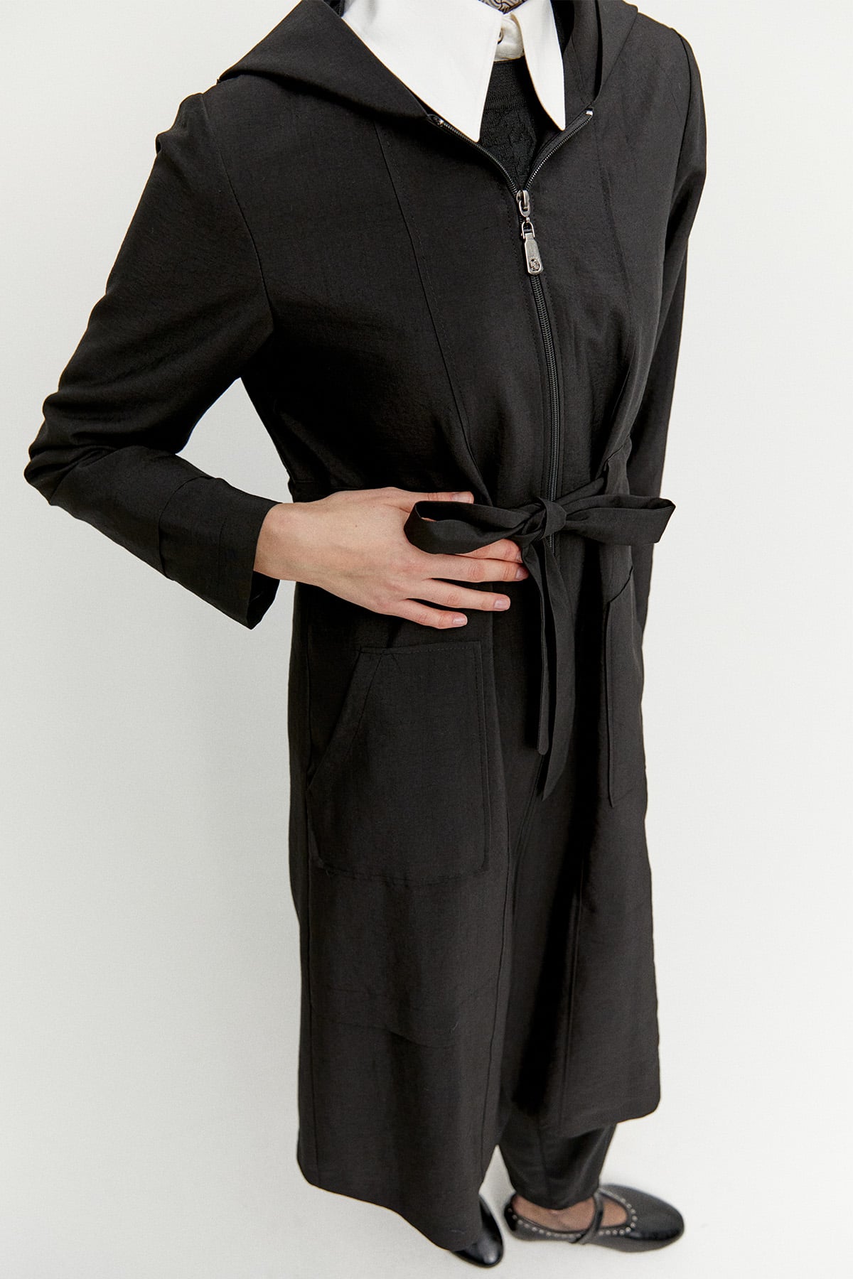 Kapüşonlu Kuşaklı Cepli Pardösü