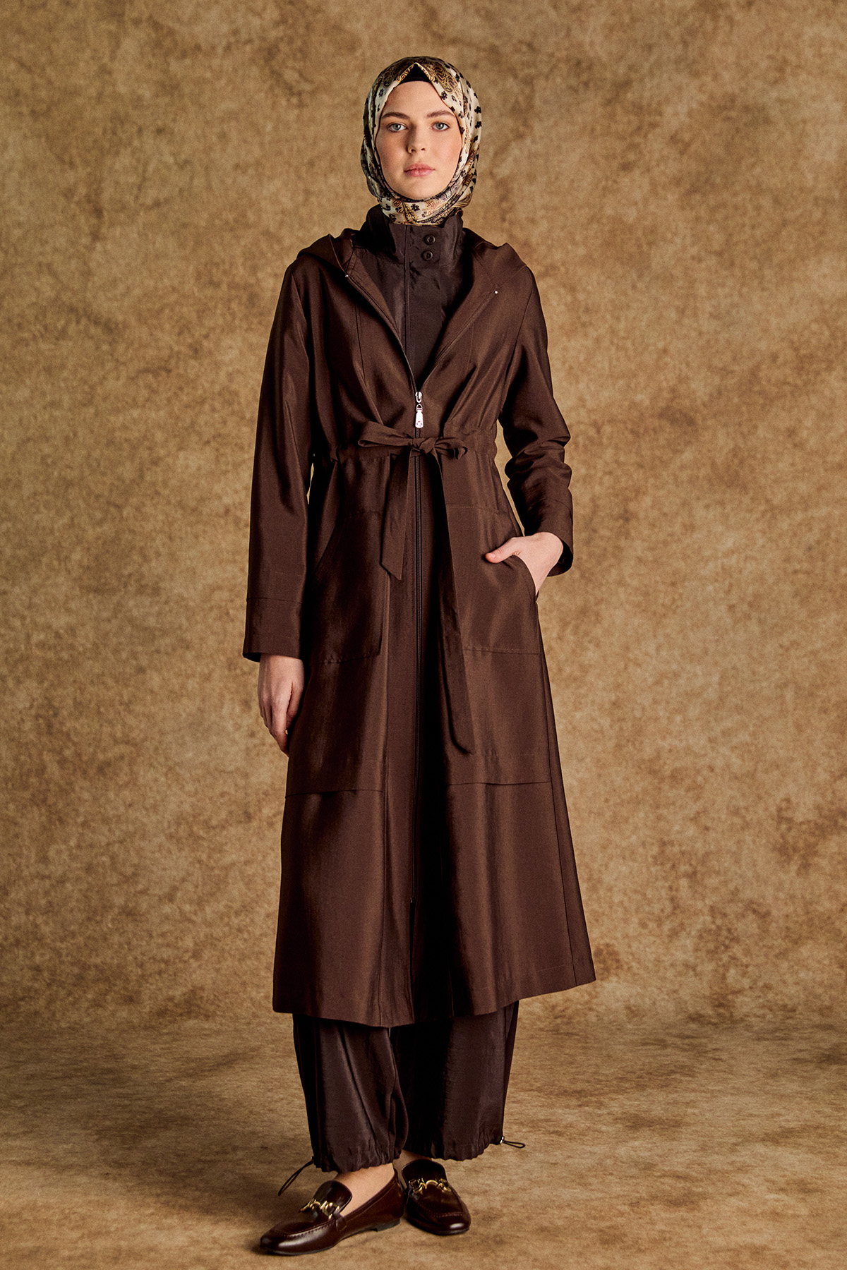 Kapüşonlu Kuşaklı Cepli Pardösü