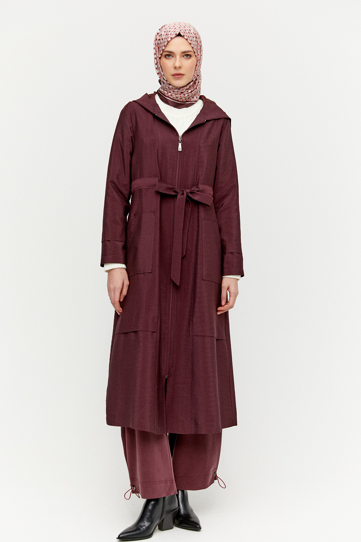 Kapüşonlu Kuşaklı Cepli Pardösü