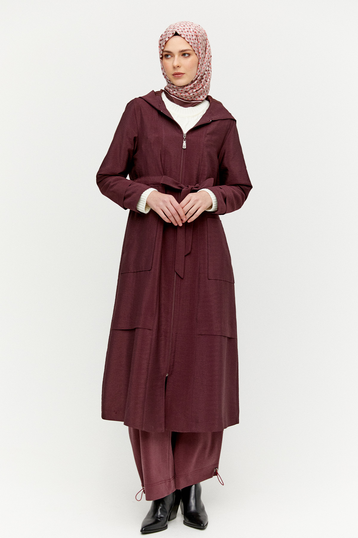 Kapüşonlu Kuşaklı Cepli Pardösü