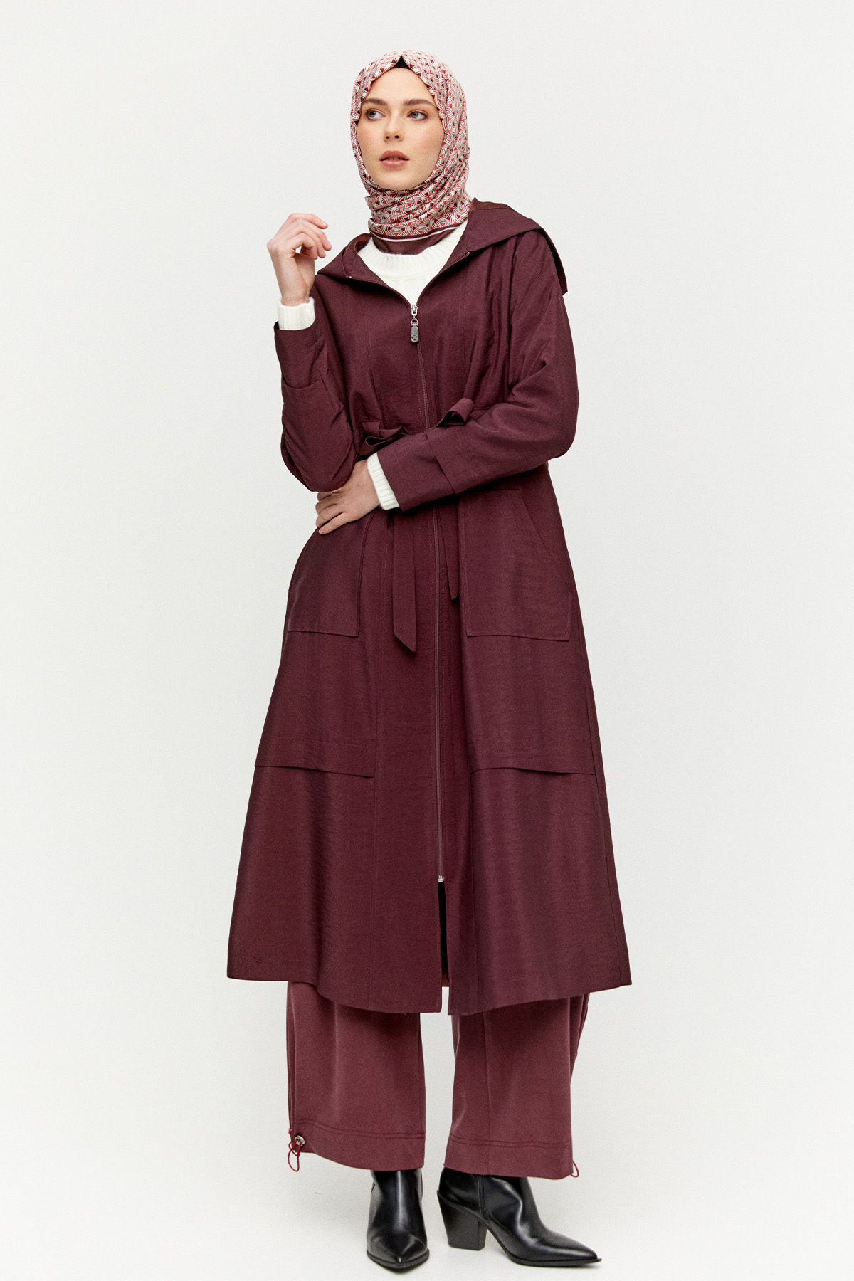 Kapüşonlu Kuşaklı Cepli Pardösü
