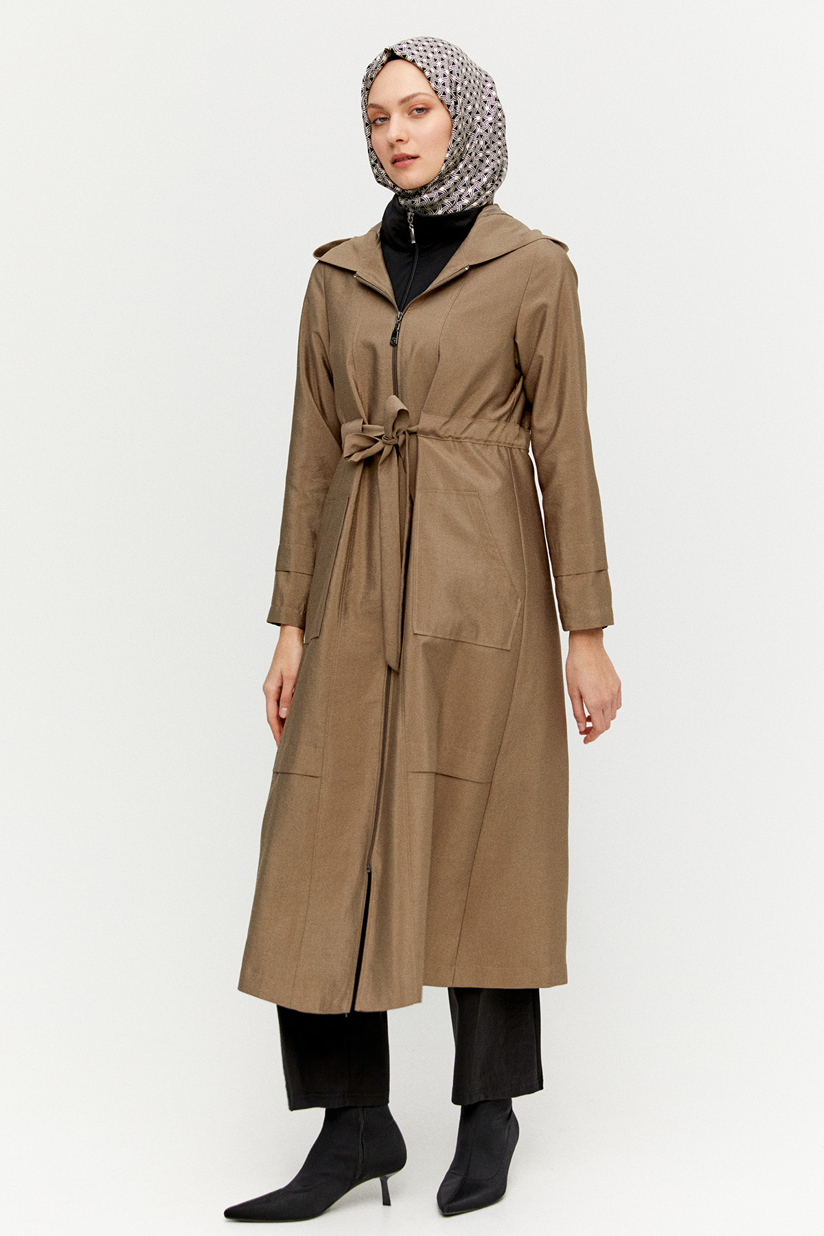 Kapüşonlu Kuşaklı Cepli Pardösü